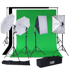 1200 Watts White Umbrella Soft box Continuous Lighting Photo Video Studio Kit With Chromakey Background Muslins (Green Black White)