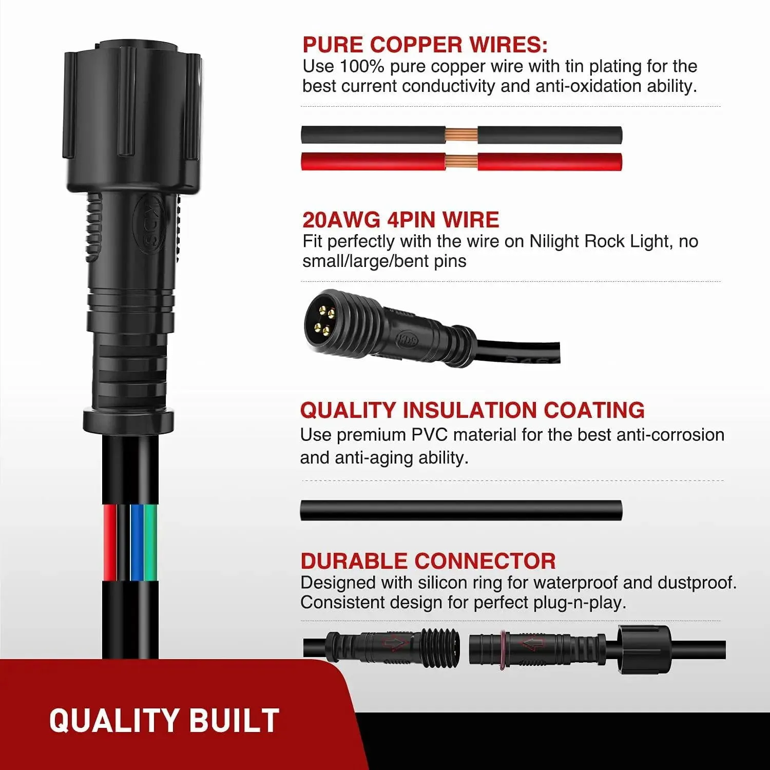 2PCS 10FT 4Pin RGB Rock Light Extension Wire Cable Cord for 4 and 8 Pods