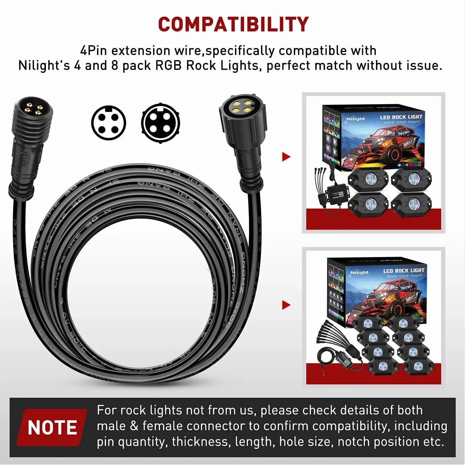2PCS 10FT 4Pin RGB Rock Light Extension Wire Cable Cord for 4 and 8 Pods