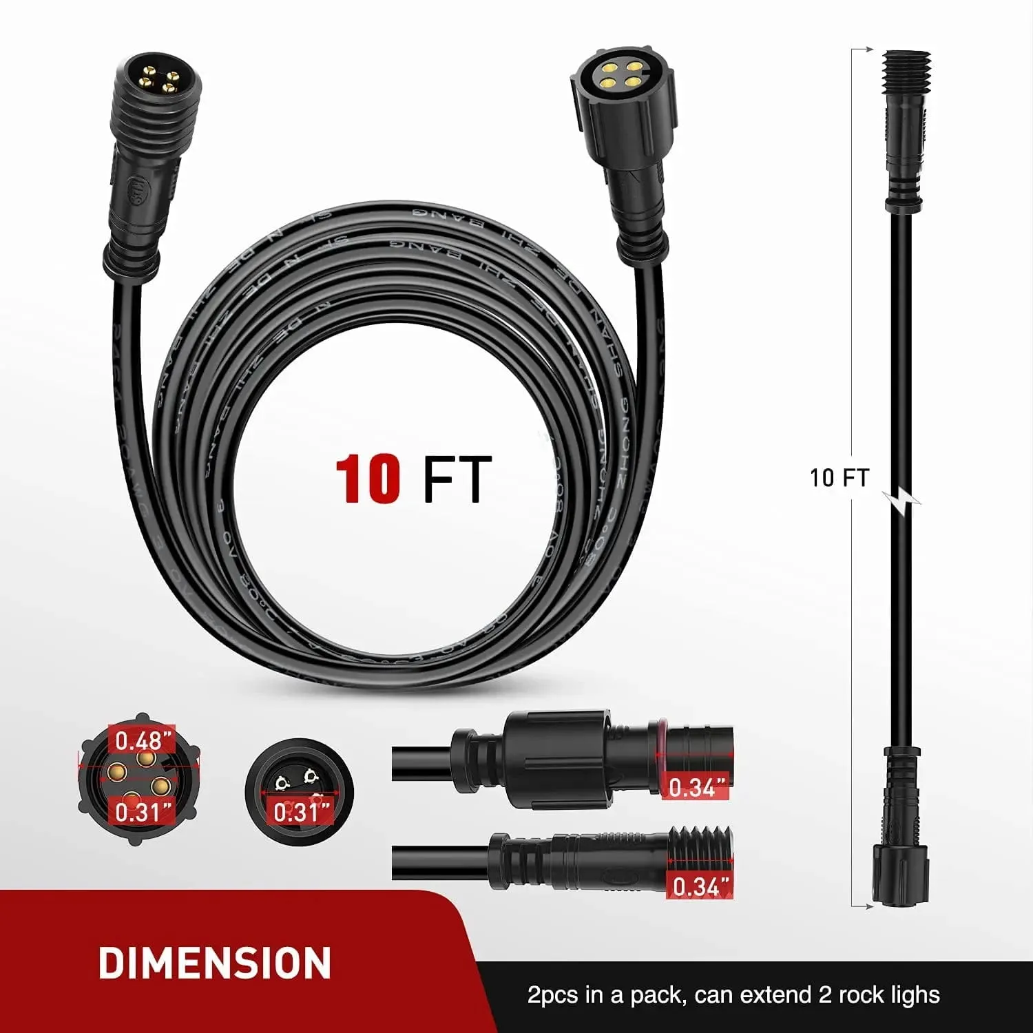 2PCS 10FT 4Pin RGB Rock Light Extension Wire Cable Cord for 4 and 8 Pods