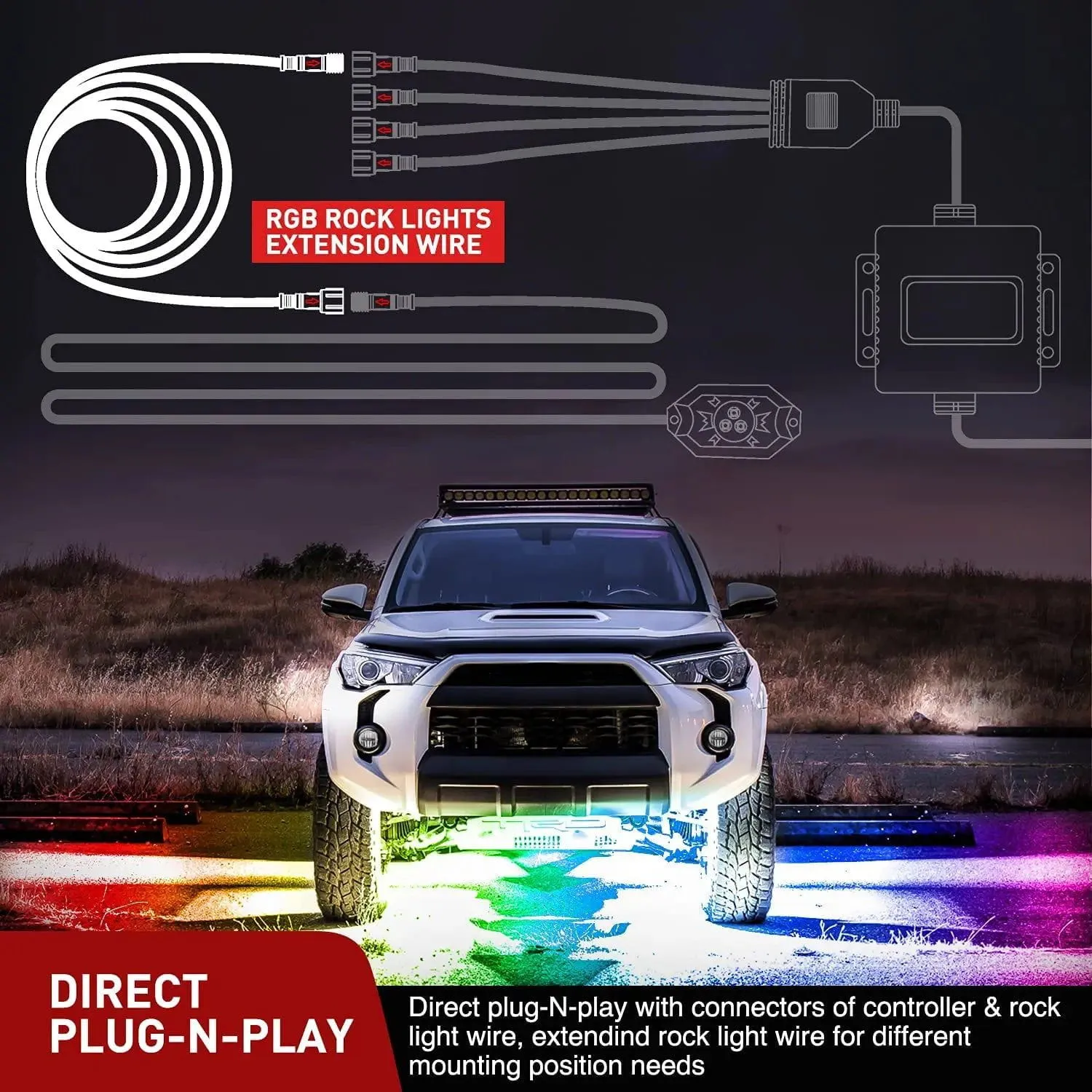 2PCS 10FT 4Pin RGB Rock Light Extension Wire Cable Cord for 4 and 8 Pods