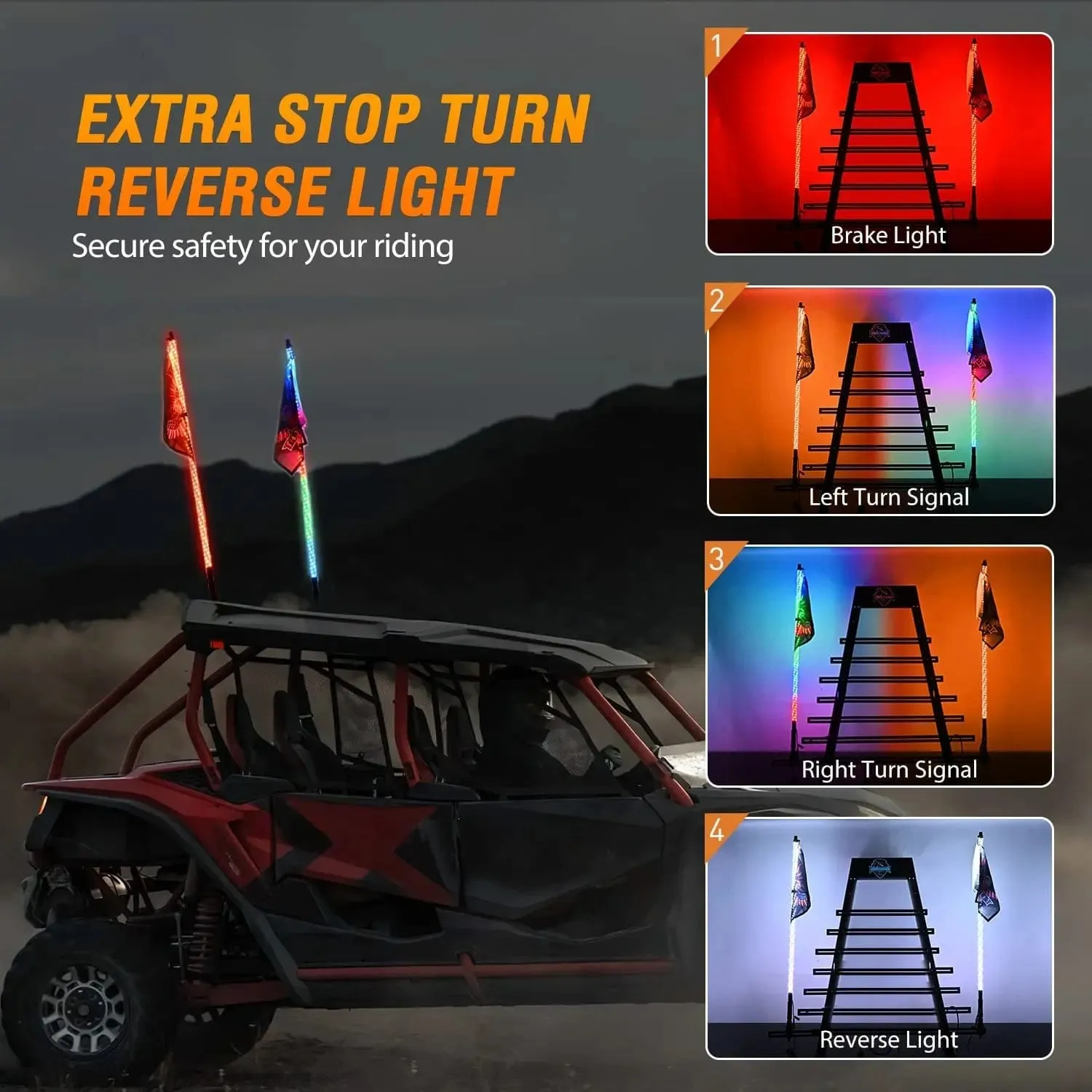 2Pcs 3FT Spiral Antenna Bluetooth Remote App Control Led Whip Light | 10FT Wire 5Pin Switch