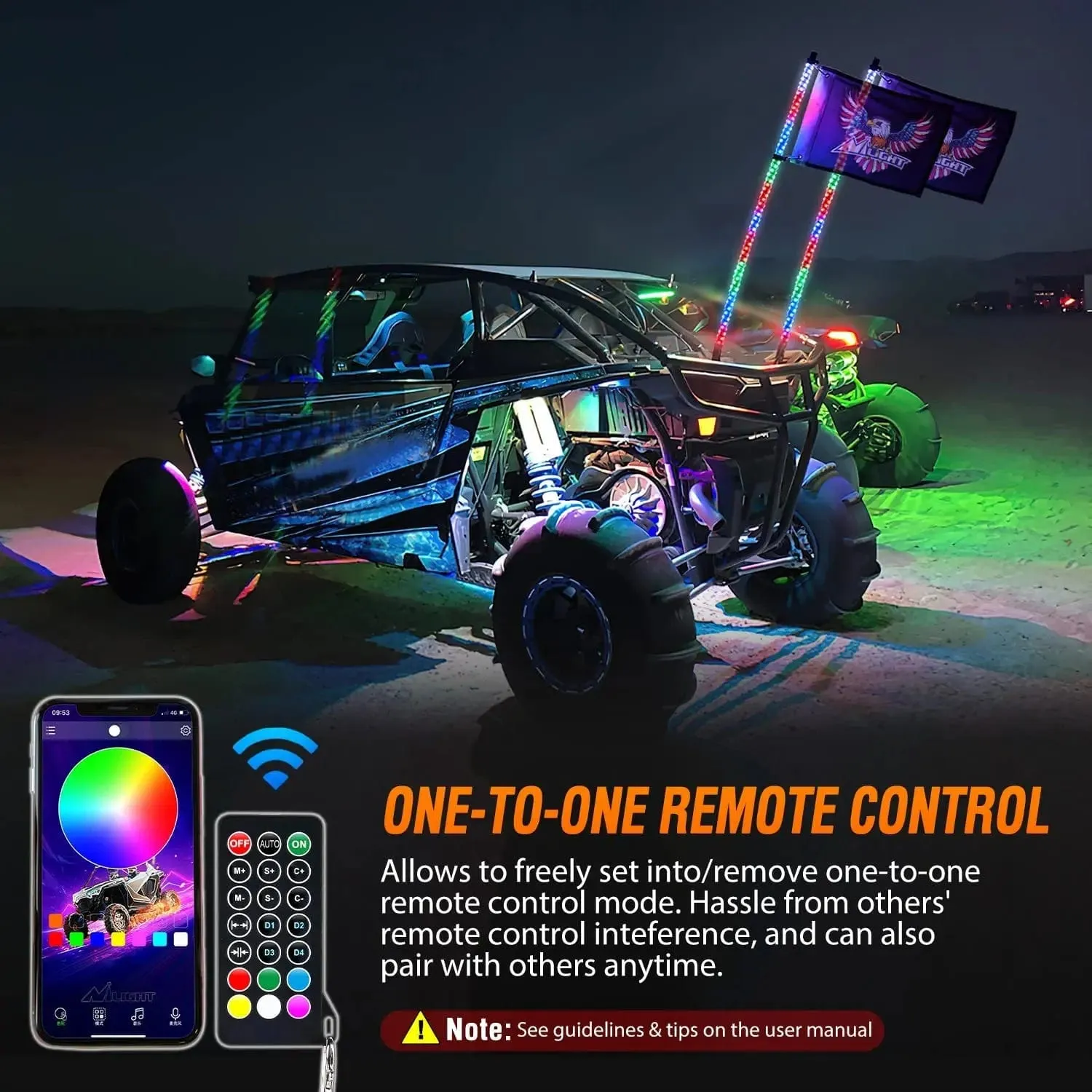2Pcs 3FT Spiral Antenna Bluetooth Remote App Control Led Whip Light | 10FT Wire 5Pin Switch