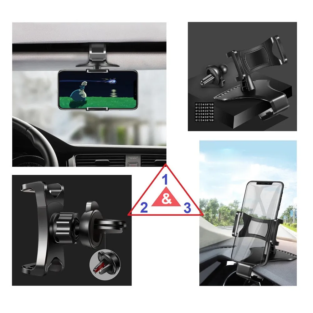 3 in 1 Car GPS Smartphone Holder: Dashboard / Visor Clamp   AC Grid Clip for BLU Studio Mega - Black