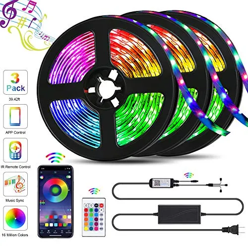 39.42ft LED Strip Lights, QZYL Lights Strip Music Sync, App Control with Remote, 5050 RGB LED Light Strip Color Changing 24-Key Remote, Sensitive Built-in Mic, LED Lights Rope Lights for Home TV Party