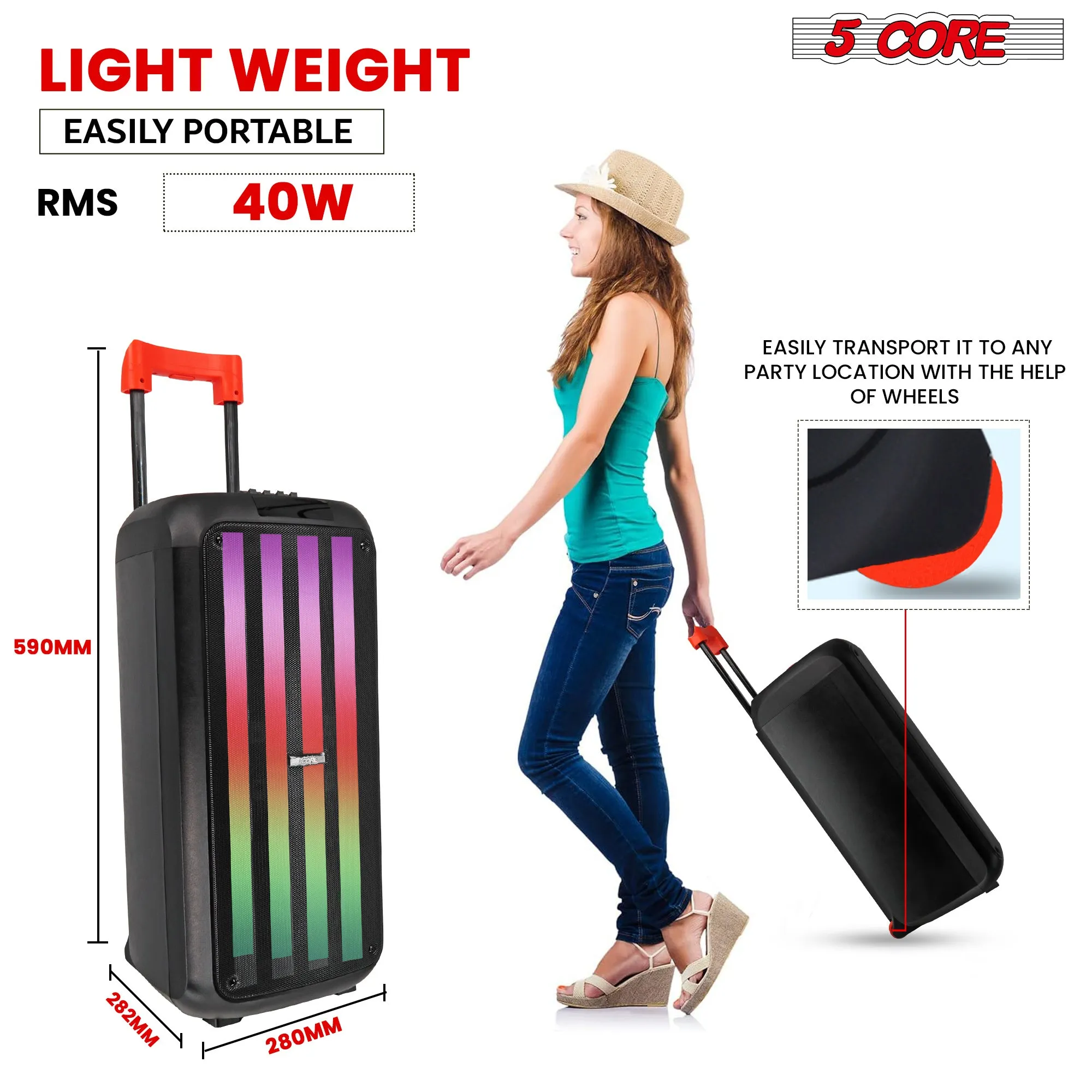5 Core Bluetooth Speaker Karaoke Machine • 8" 3 Way Speaker • Portable Singing PA System • w DJ Light • FM   TWS   USB   SD Card   AUX   REC • Party Speakers Include Two Wireless Mics- PLB 8X2 2MIC