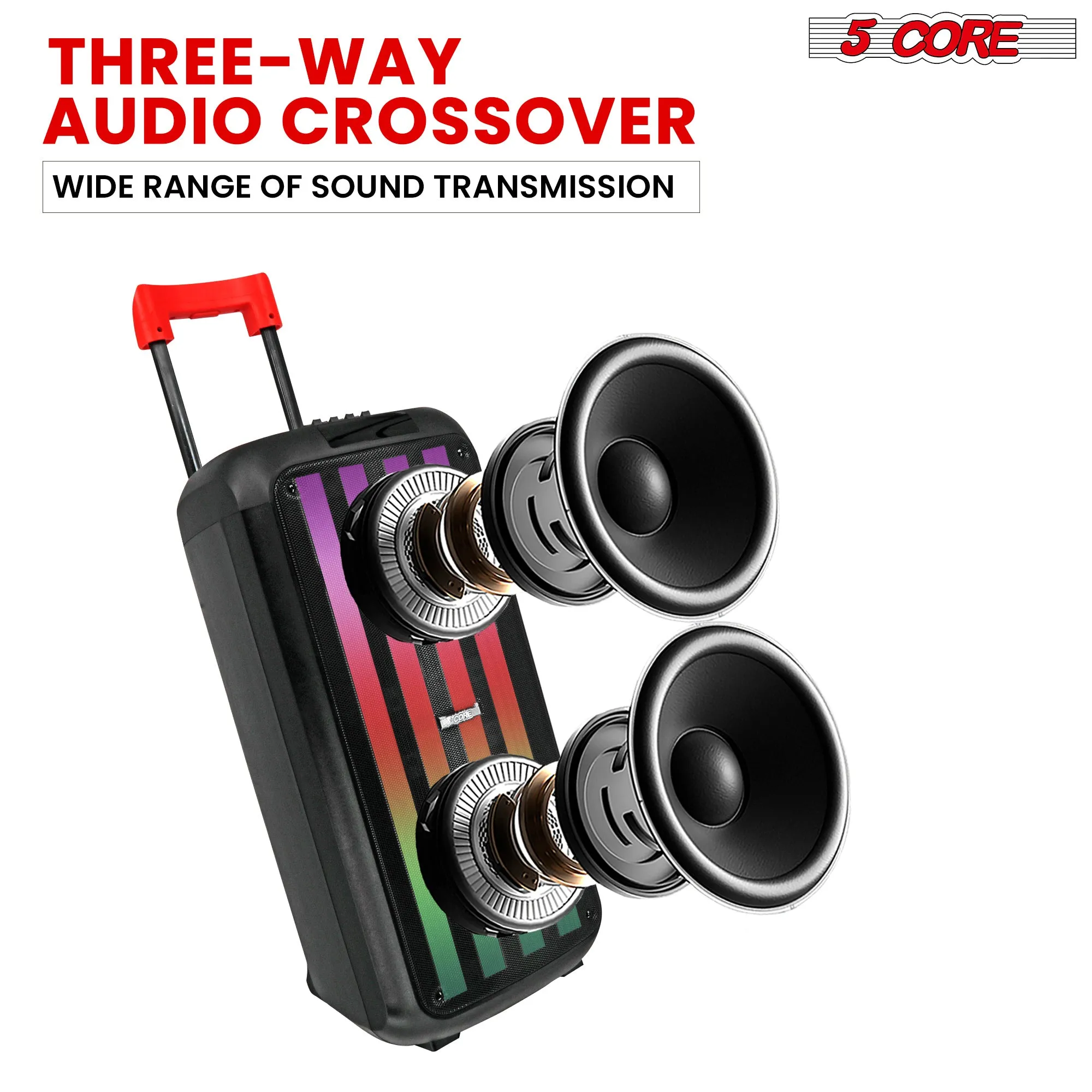 5 Core Bluetooth Speaker Karaoke Machine • 8" 3 Way Speaker • Portable Singing PA System • w DJ Light • FM   TWS   USB   SD Card   AUX   REC • Party Speakers Include Two Wireless Mics- PLB 8X2 2MIC