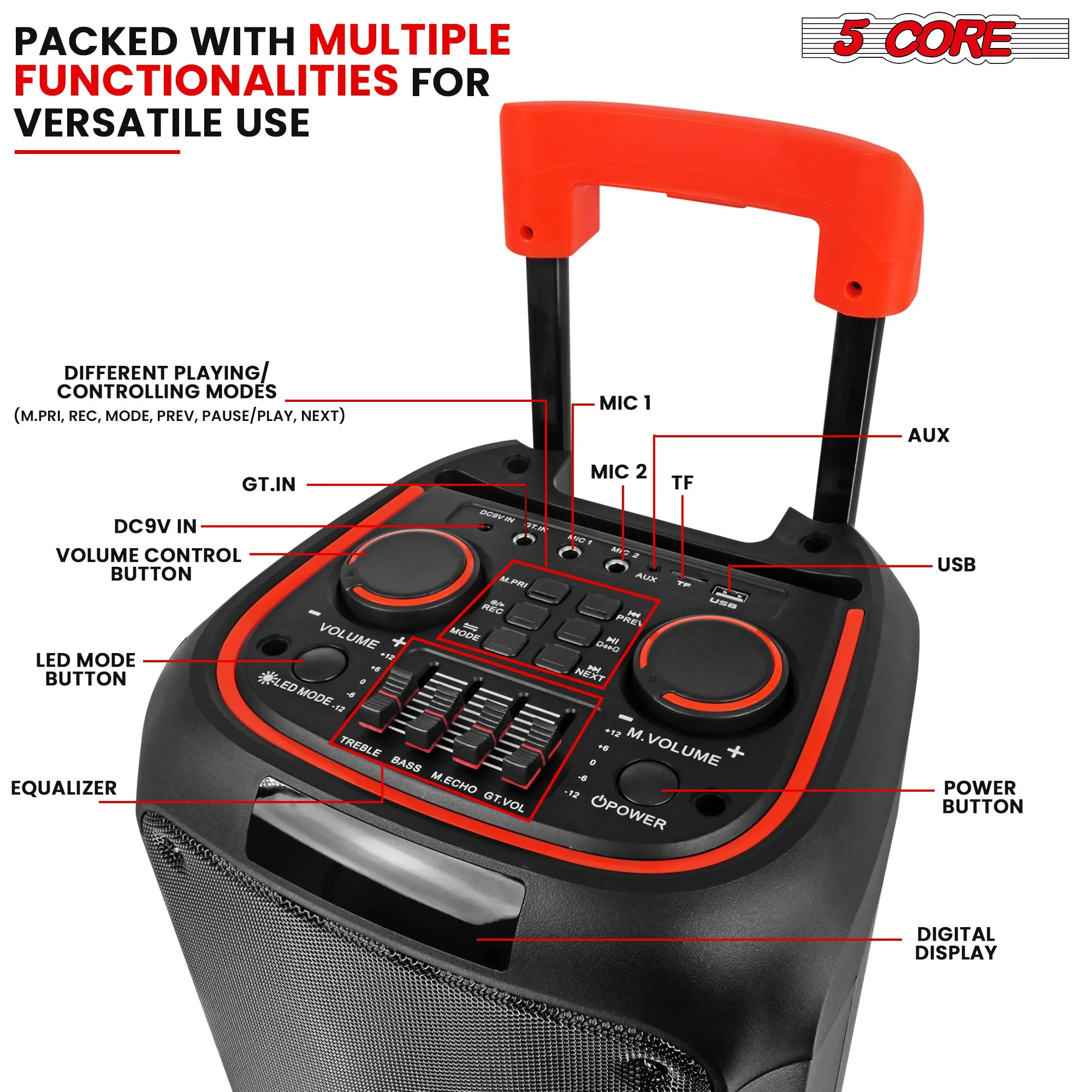 5 Core Bluetooth Speaker Karaoke Machine • 8" 3 Way Speaker • Portable Singing PA System • w DJ Light • FM   TWS   USB   SD Card   AUX   REC • Party Speakers Include Two Wireless Mics- PLB 8X2 2MIC