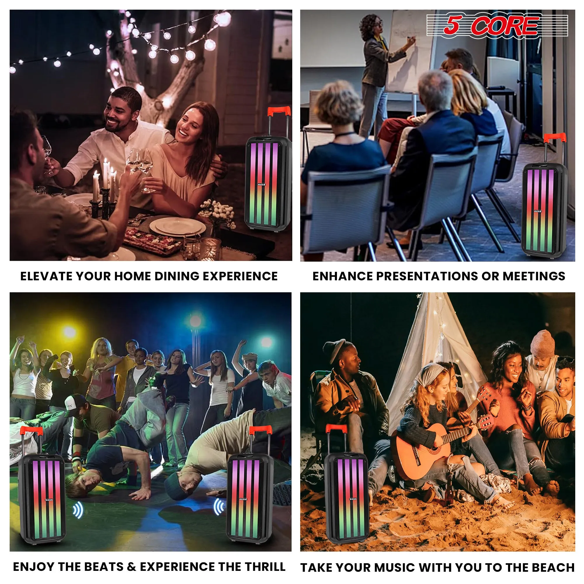 5 Core Bluetooth Speaker Karaoke Machine • 8" 3 Way Speaker • Portable Singing PA System • w DJ Light • FM   TWS   USB   SD Card   AUX   REC • Party Speakers Include Two Wireless Mics- PLB 8X2 2MIC