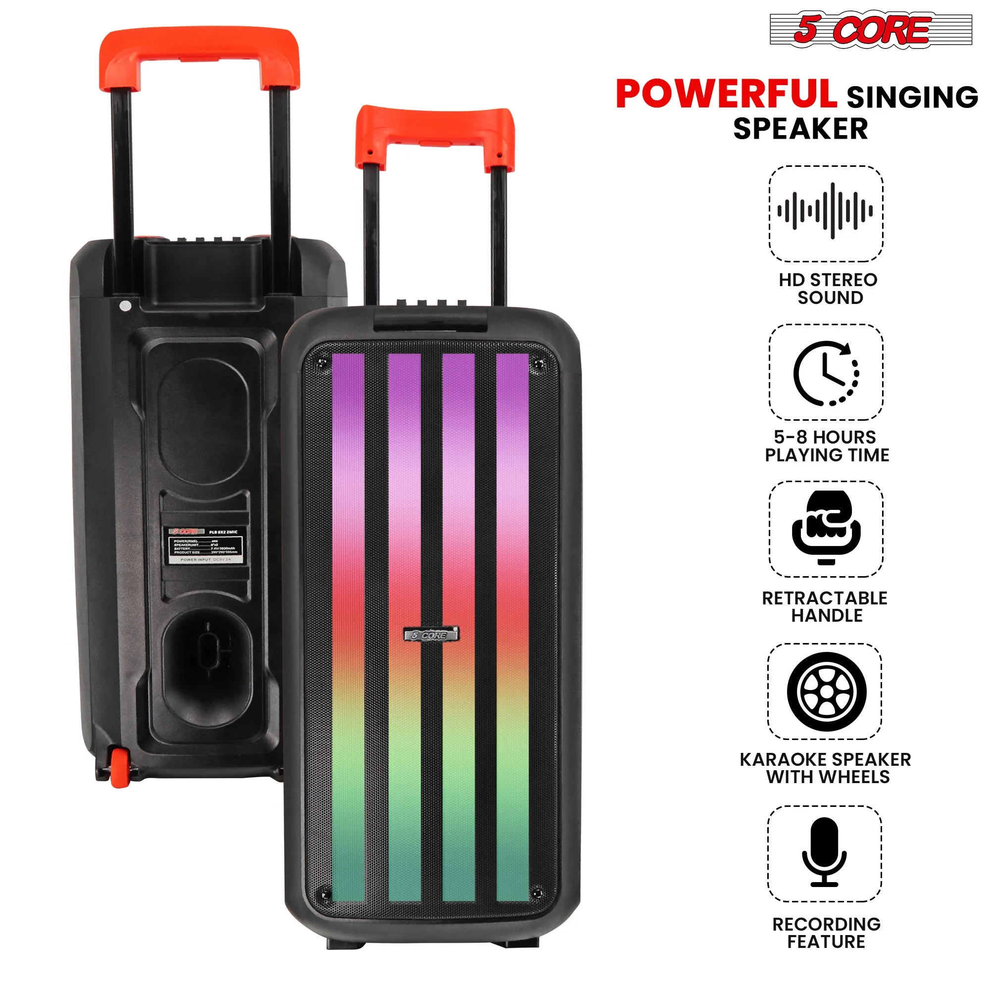 5 Core Bluetooth Speaker Karaoke Machine • 8" 3 Way Speaker • Portable Singing PA System • w DJ Light • FM   TWS   USB   SD Card   AUX   REC • Party Speakers Include Two Wireless Mics- PLB 8X2 2MIC