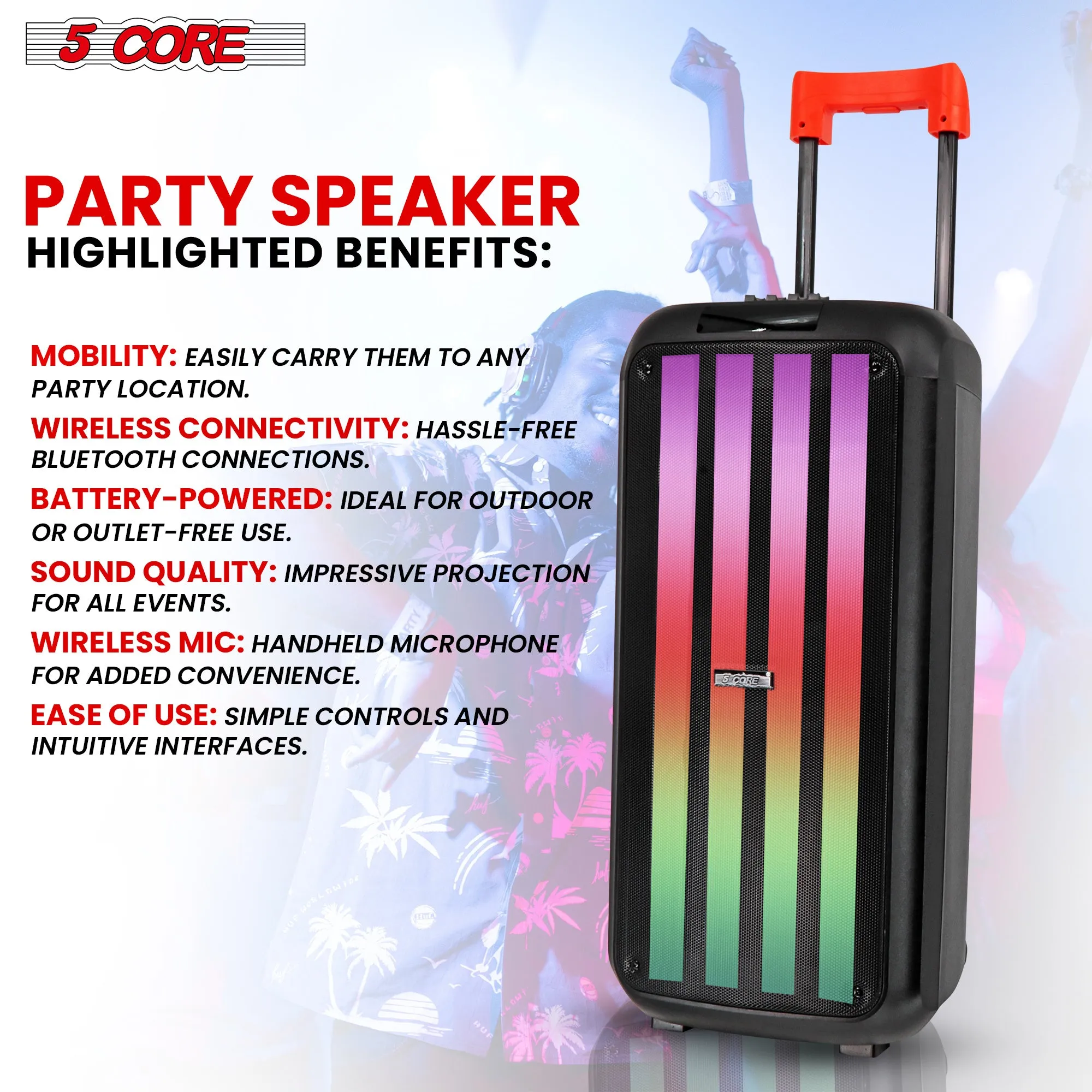5 Core Bluetooth Speaker Karaoke Machine • 8" 3 Way Speaker • Portable Singing PA System • w DJ Light • FM   TWS   USB   SD Card   AUX   REC • Party Speakers Include Two Wireless Mics- PLB 8X2 2MIC