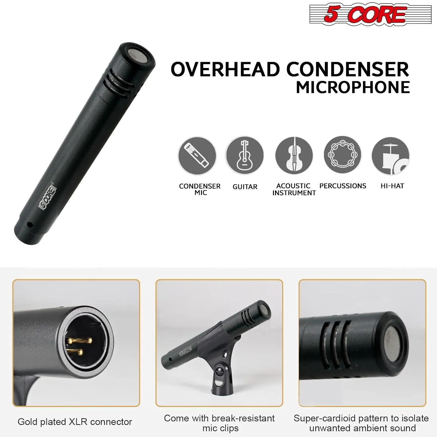5 Core Drum Microphone Kit 9PCS Wired Full Metal Mic Set  DM 9RND BLK