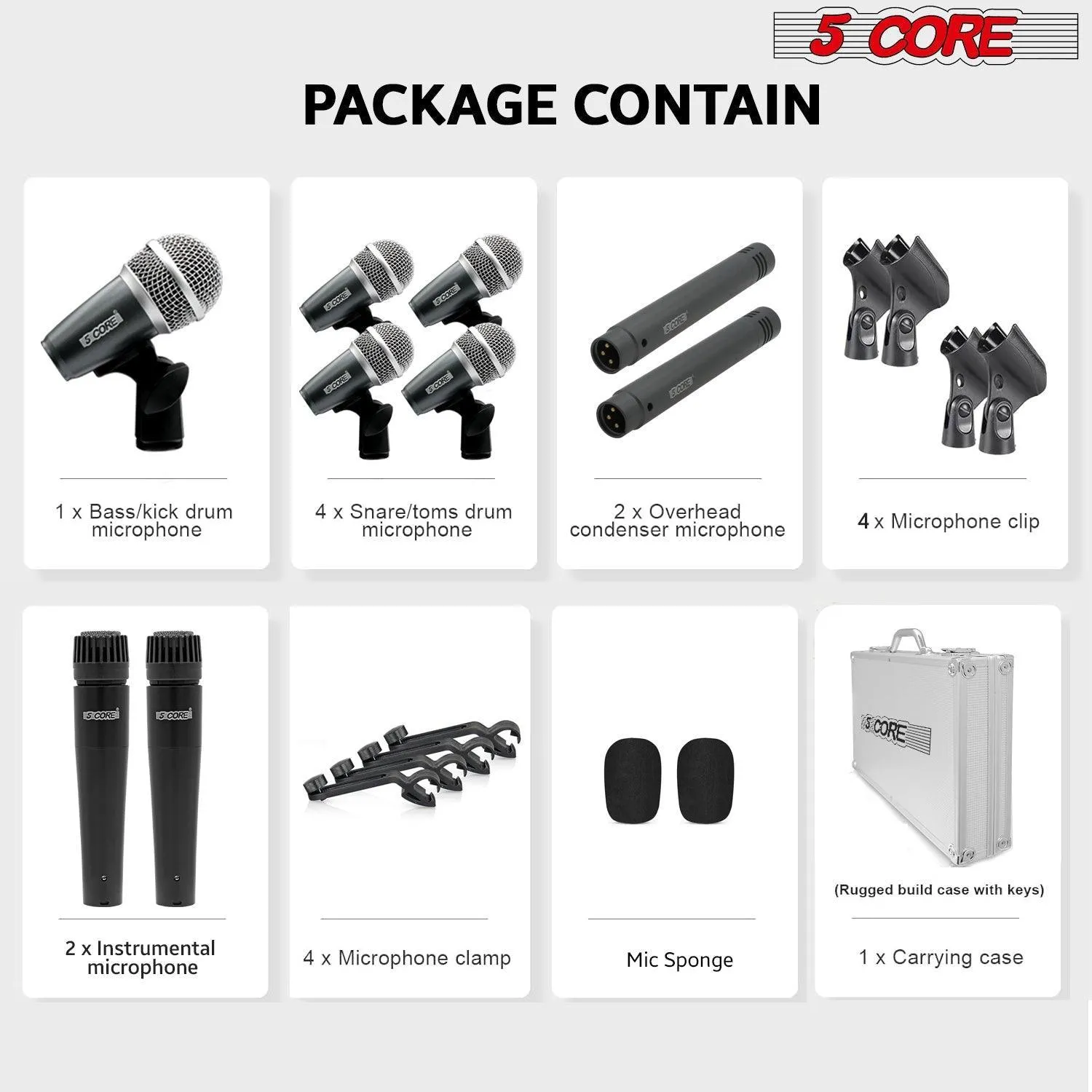 5 Core Drum Microphone Kit 9PCS Wired Full Metal Mic Set  DM 9RND BLK
