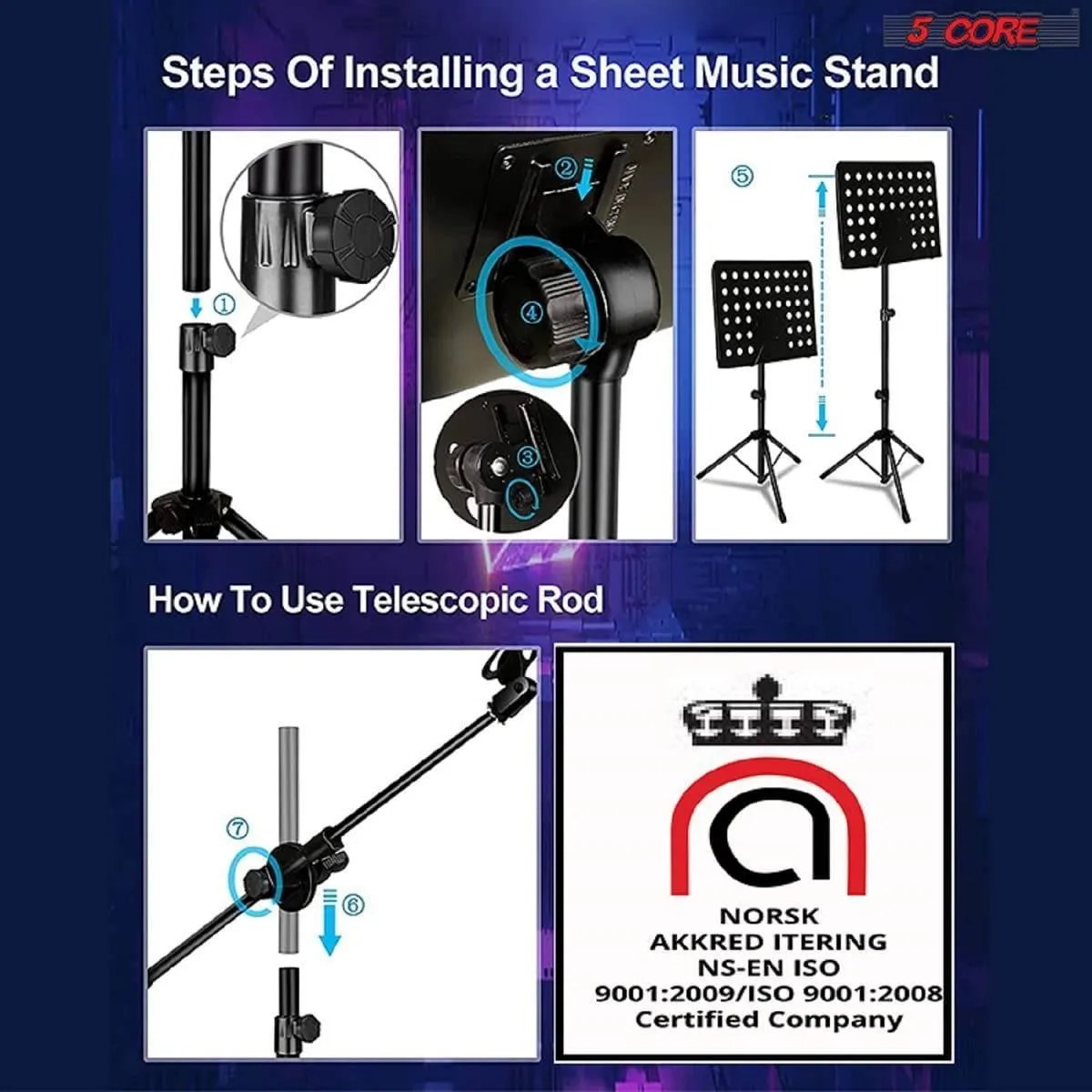5 Core Sheet Music Stand With Mic Stand Holder - 3 IN 1 Professional