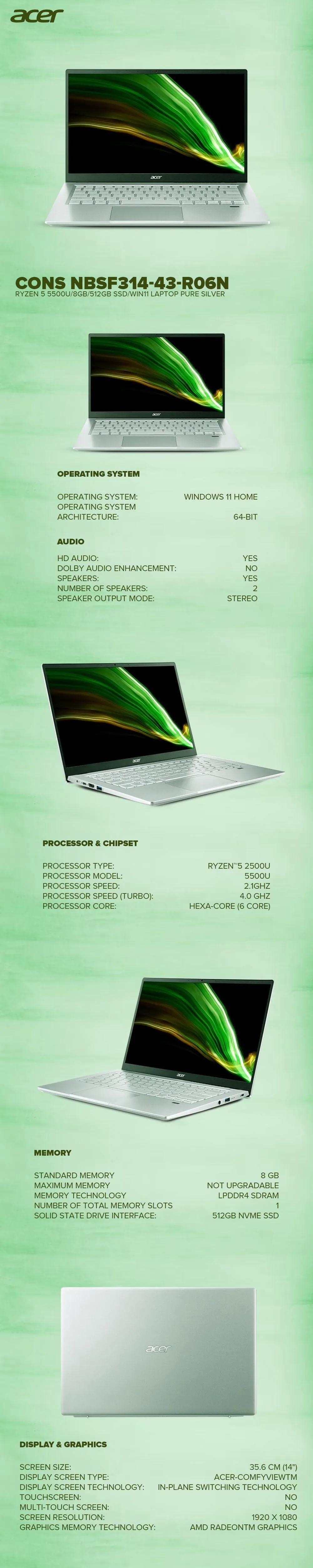Acer Cons NBSF314-43-R06N 14inch Full HD Ryzen 5 5500U 8GB 512GB NVMe SSD Win11 Laptop Pure Silver