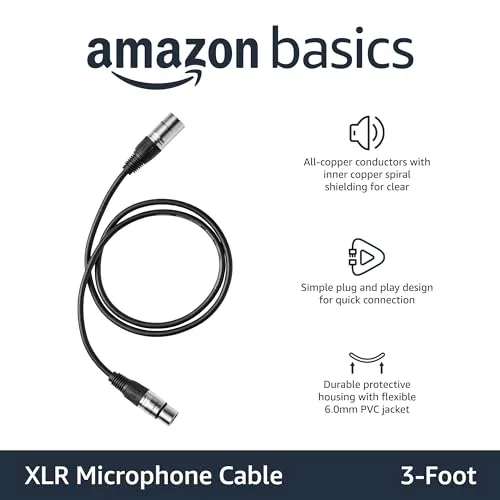 Amazon Basics 2-Pack XLR Microphone Cable for Speaker or PA System, All Copper Conductors, 6MM PVC Jacket, 3 Foot, Black