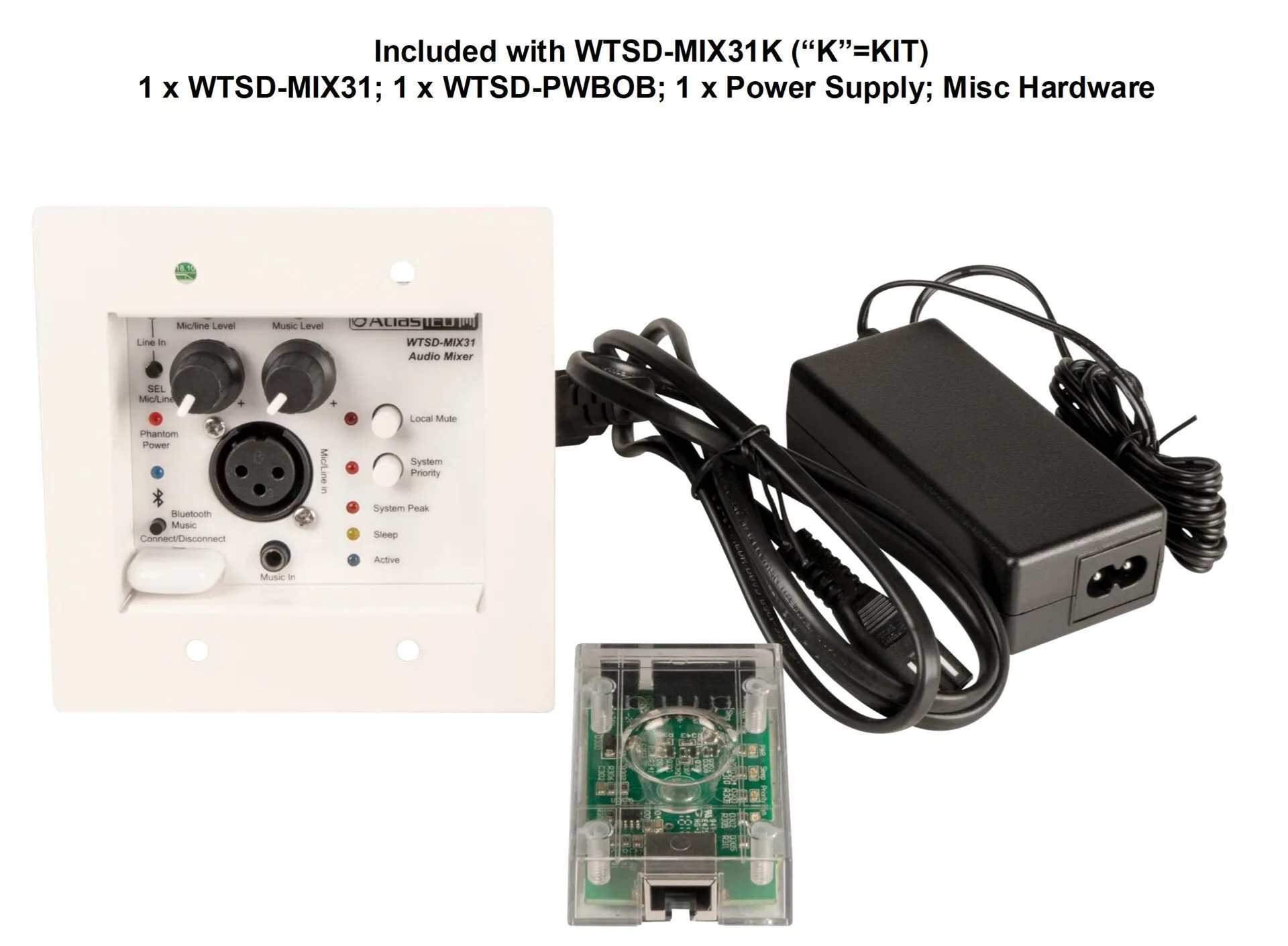 AtlasIED WTSD-MIX31K 3x1 Mic/Line, AUX, Bluetooth, Wall Plate Analog Mixer