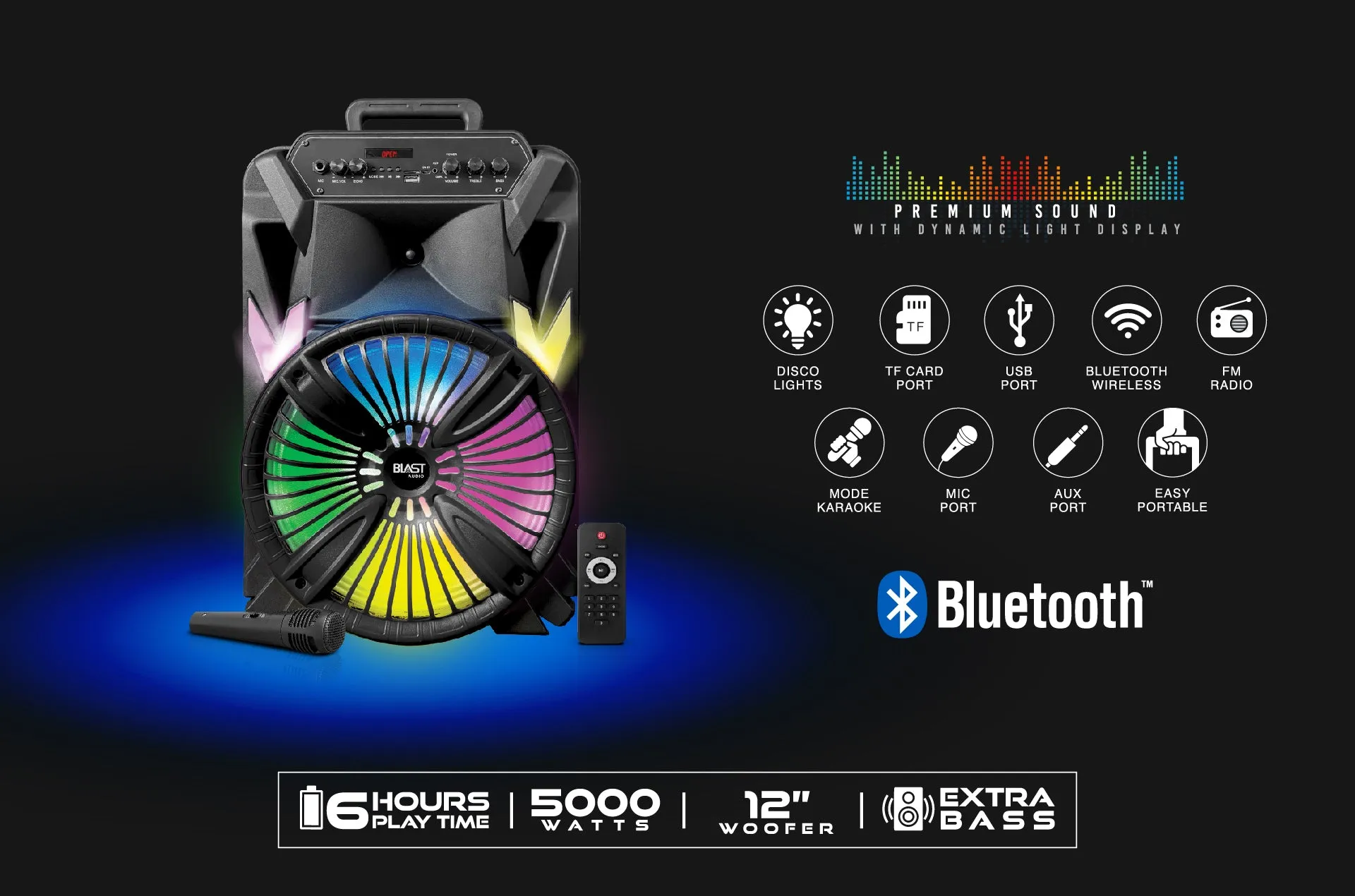 BLA-12 Bluetooth Party Speaker with 5000W Power, Disco Lights, Mic, and Tripod