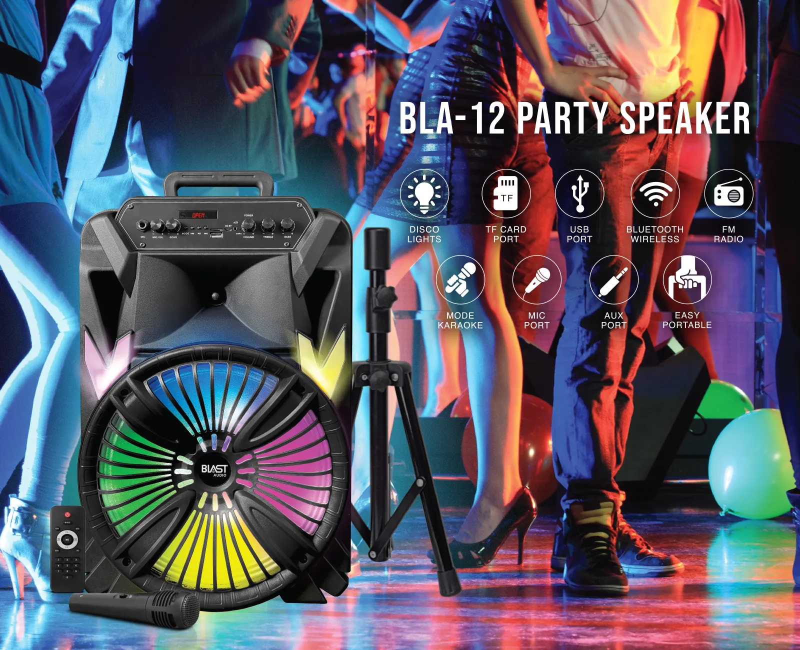 BLA-12 Bluetooth Party Speaker with 5000W Power, Disco Lights, Mic, and Tripod