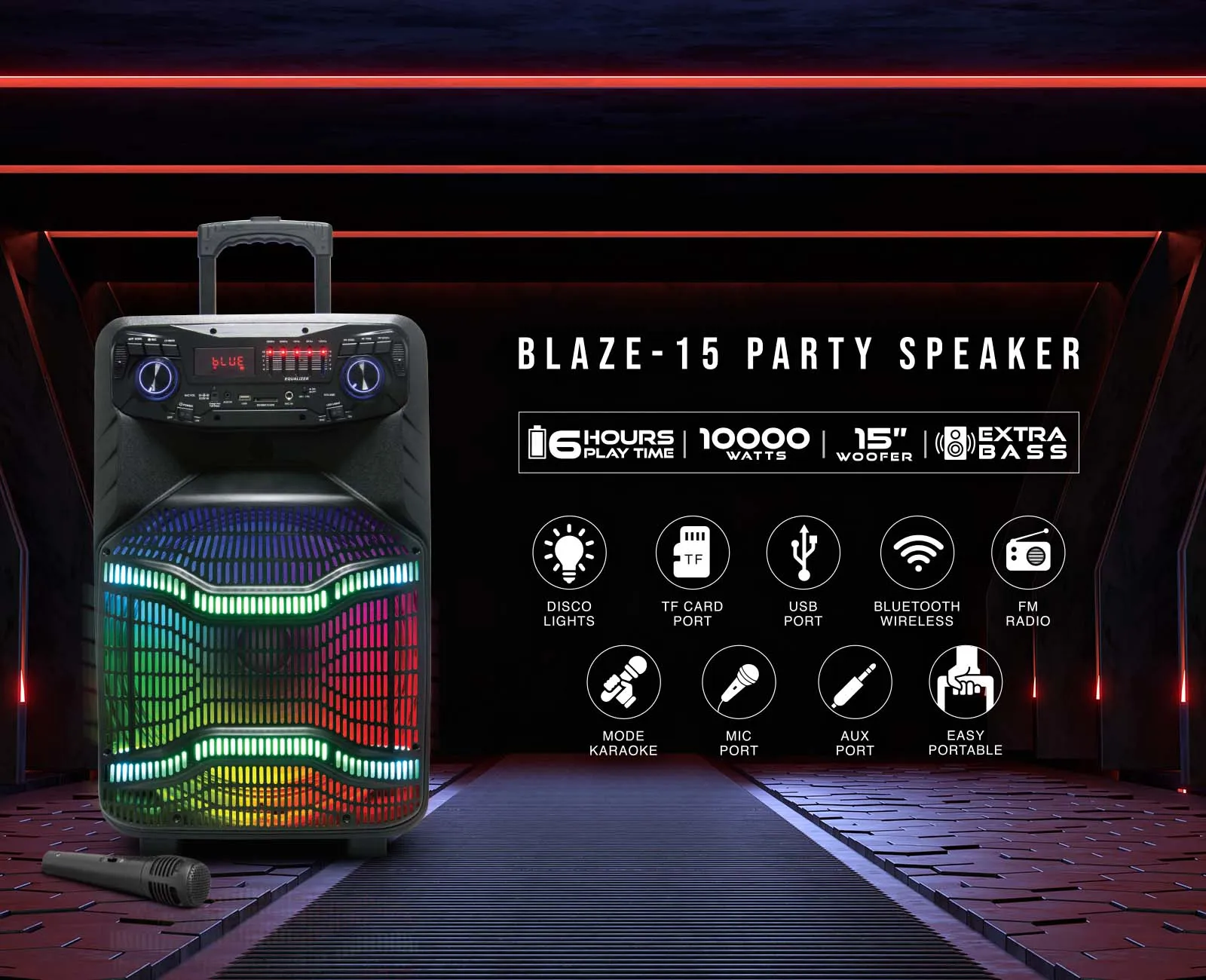 BLAZE-15, 15'' Bluetooth Party Speaker with Disco Lights, 10,000 Watts
