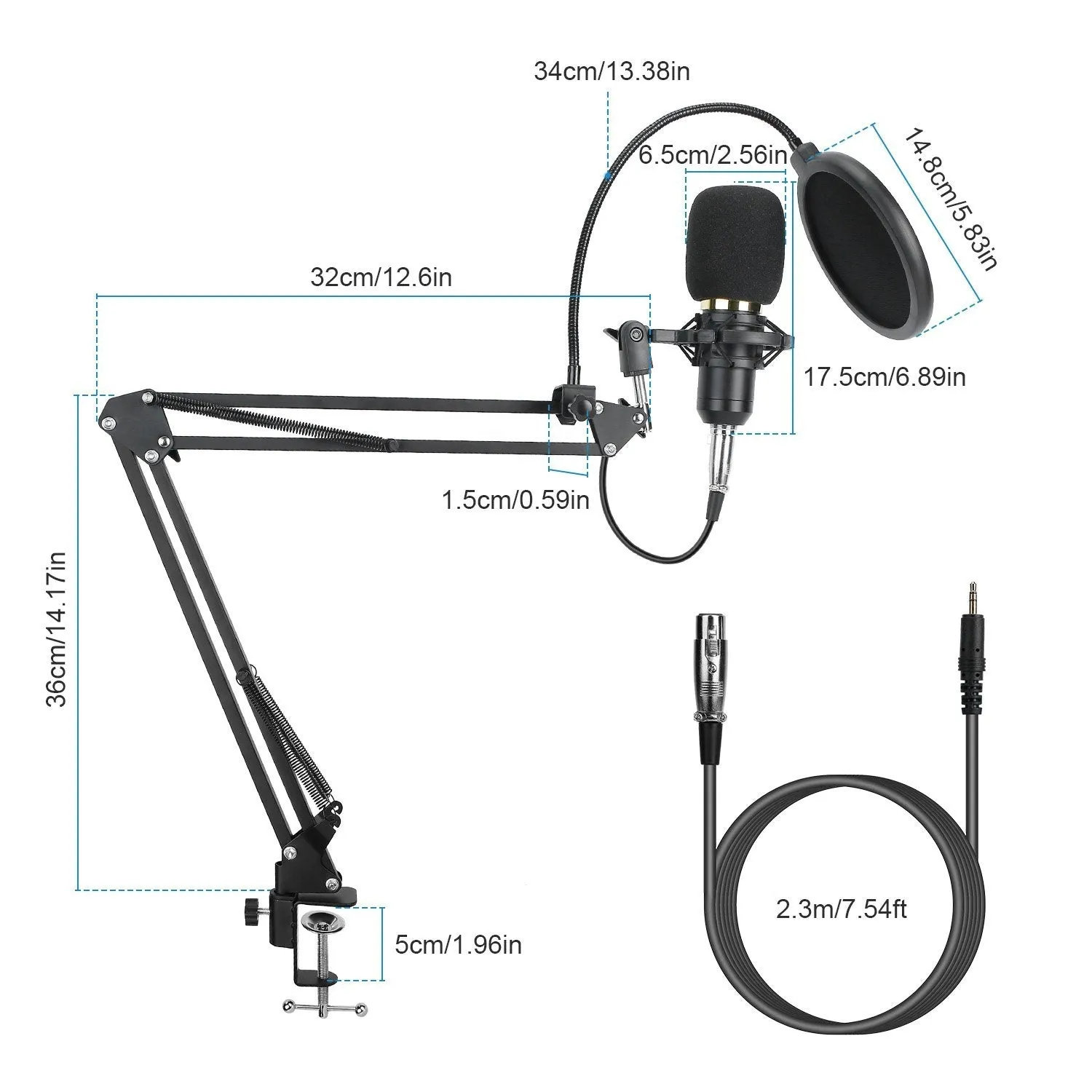 Condenser Microphone Bundle Shock Mount with Adjustable Boom Arm Sound Card