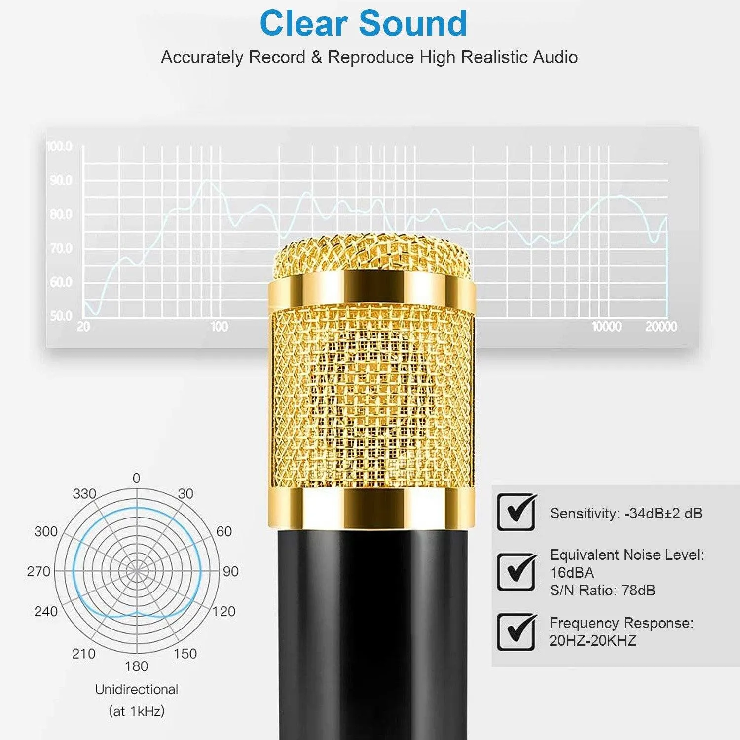 Condenser Microphone Bundle Shock Mount with Adjustable Boom Arm Sound Card