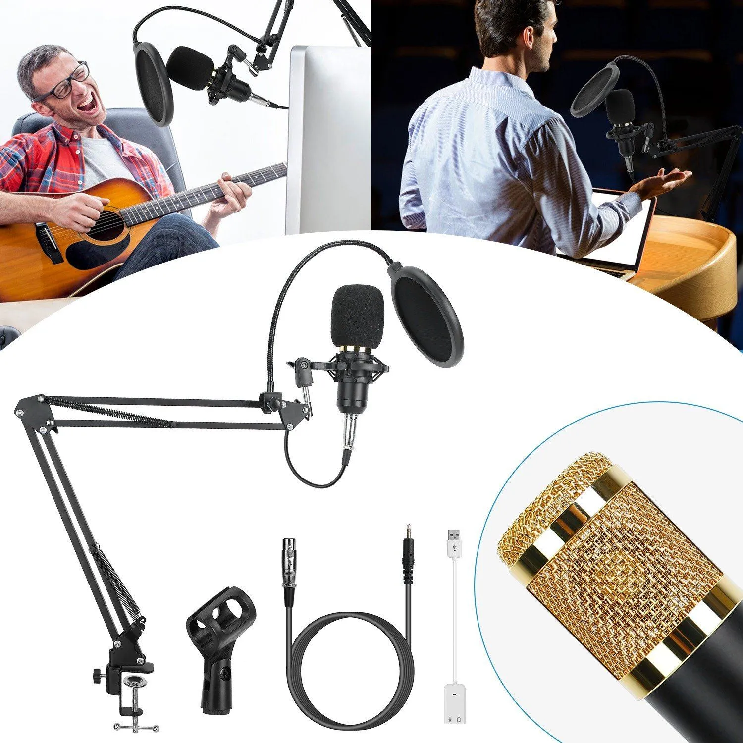 Condenser Microphone Bundle Shock Mount with Adjustable Boom Arm Sound Card