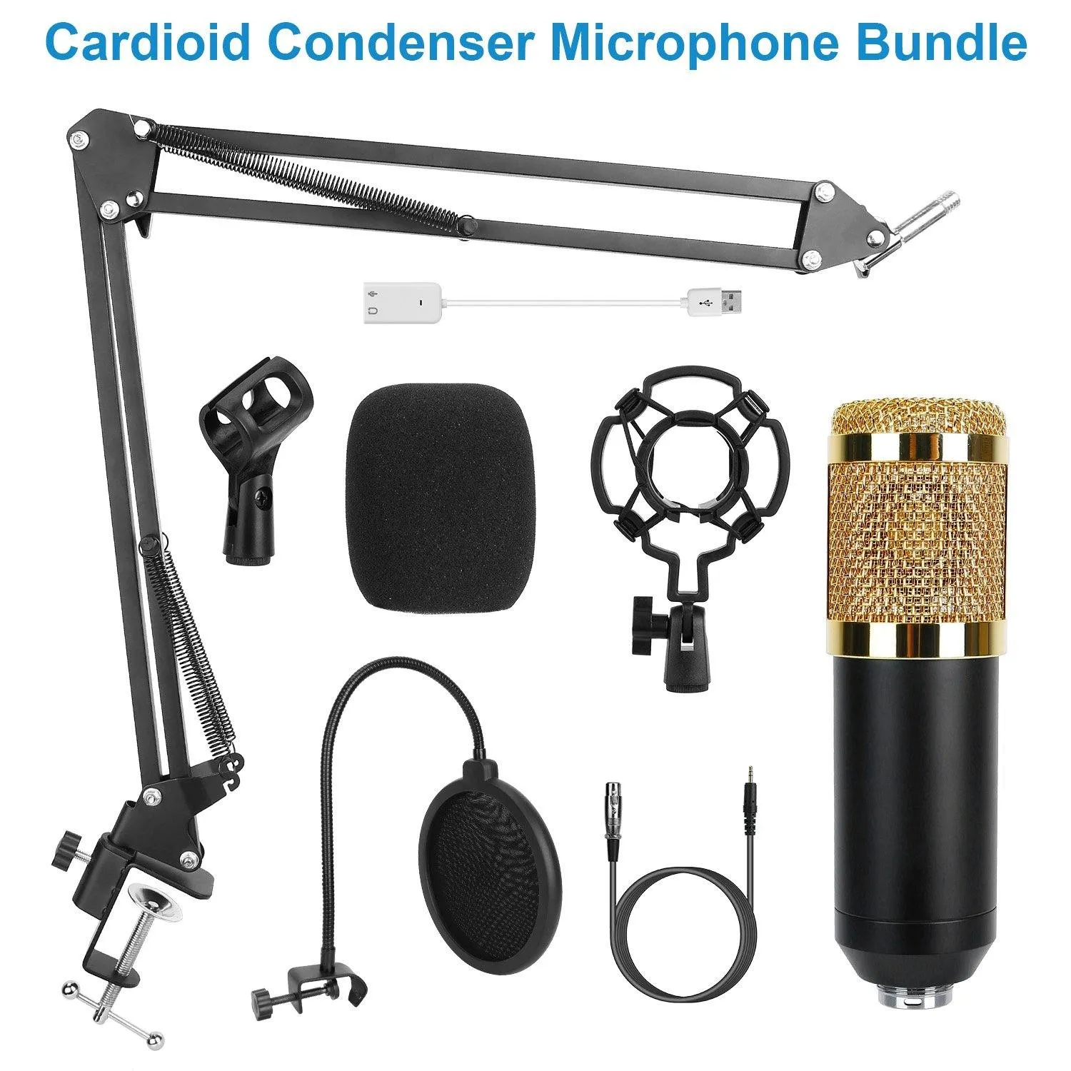 Condenser Microphone Bundle Shock Mount with Adjustable Boom Arm Sound Card