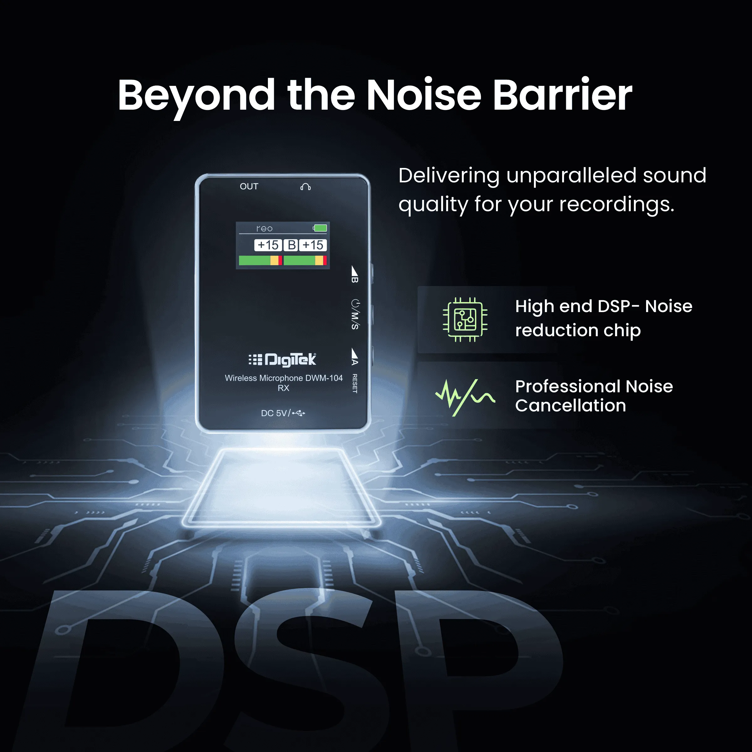 Digitek® (DWM 104) Wireless Microphone System, 2 Transmitters 1 Receiver with TFT Display, 150M Range, 10Hrs RX/TX Runtime, Noise Cancellation, Low Cut Function, Mono/Stereo Output, 3.5mm Interface