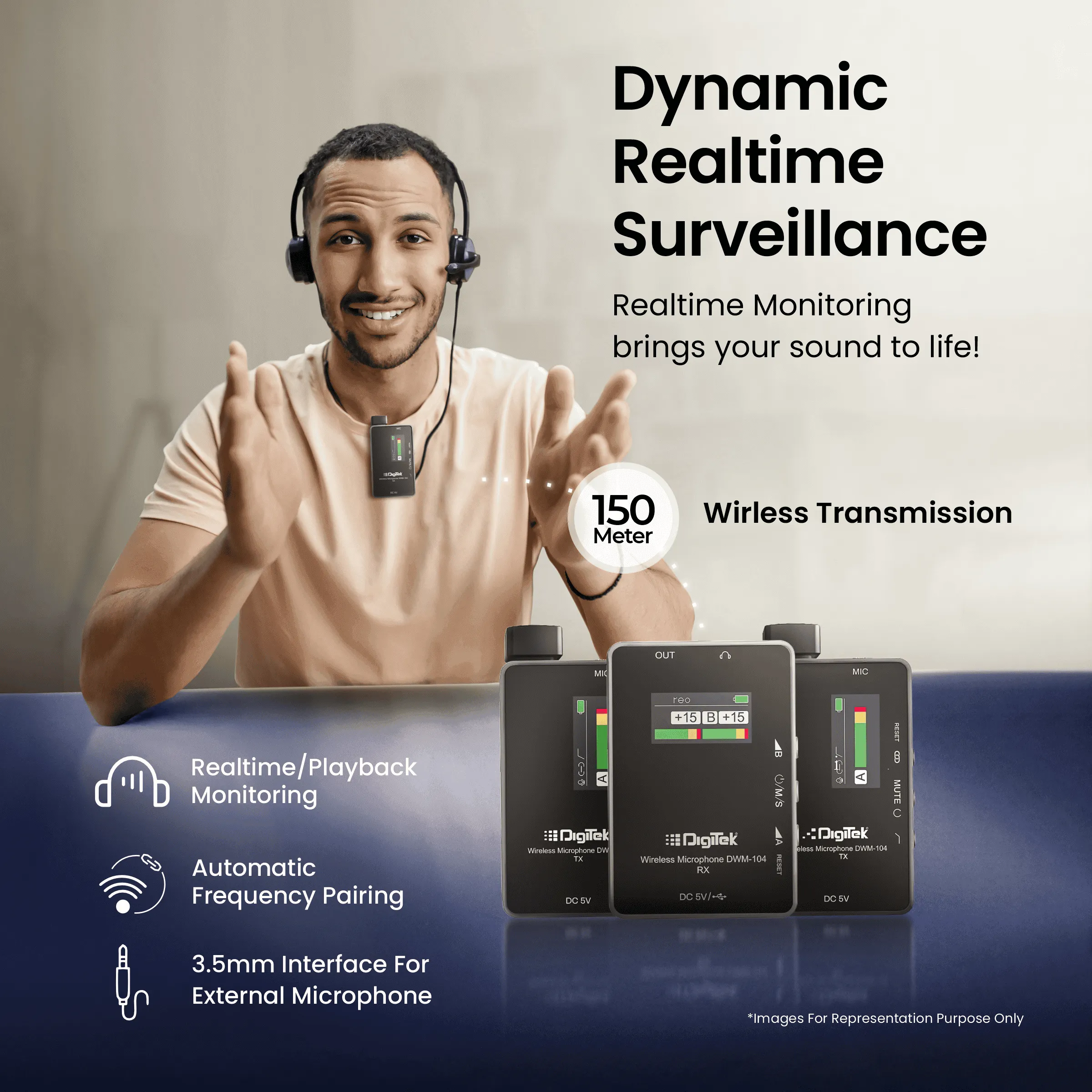 Digitek® (DWM 104) Wireless Microphone System, 2 Transmitters 1 Receiver with TFT Display, 150M Range, 10Hrs RX/TX Runtime, Noise Cancellation, Low Cut Function, Mono/Stereo Output, 3.5mm Interface