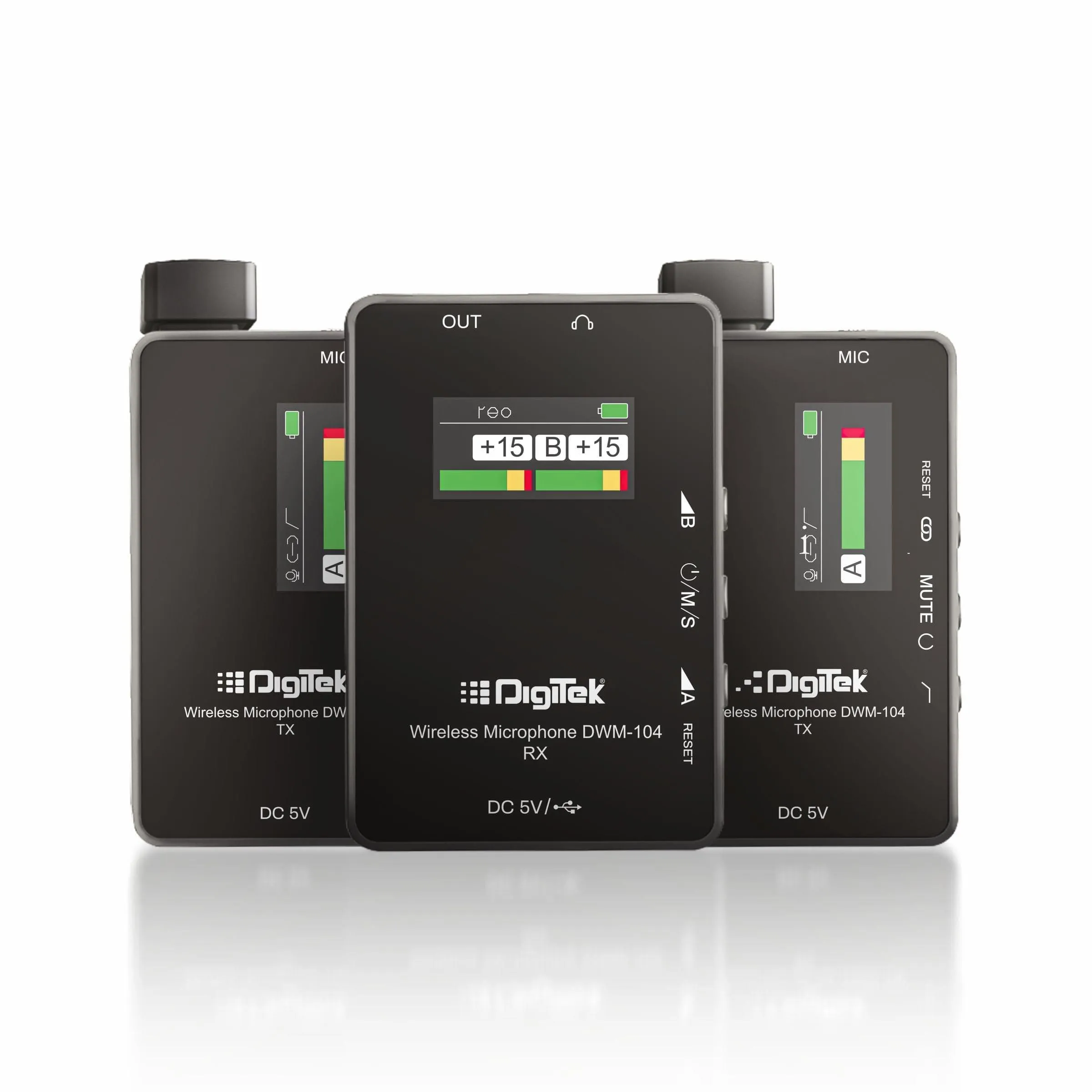 Digitek® (DWM 104) Wireless Microphone System, 2 Transmitters 1 Receiver with TFT Display, 150M Range, 10Hrs RX/TX Runtime, Noise Cancellation, Low Cut Function, Mono/Stereo Output, 3.5mm Interface