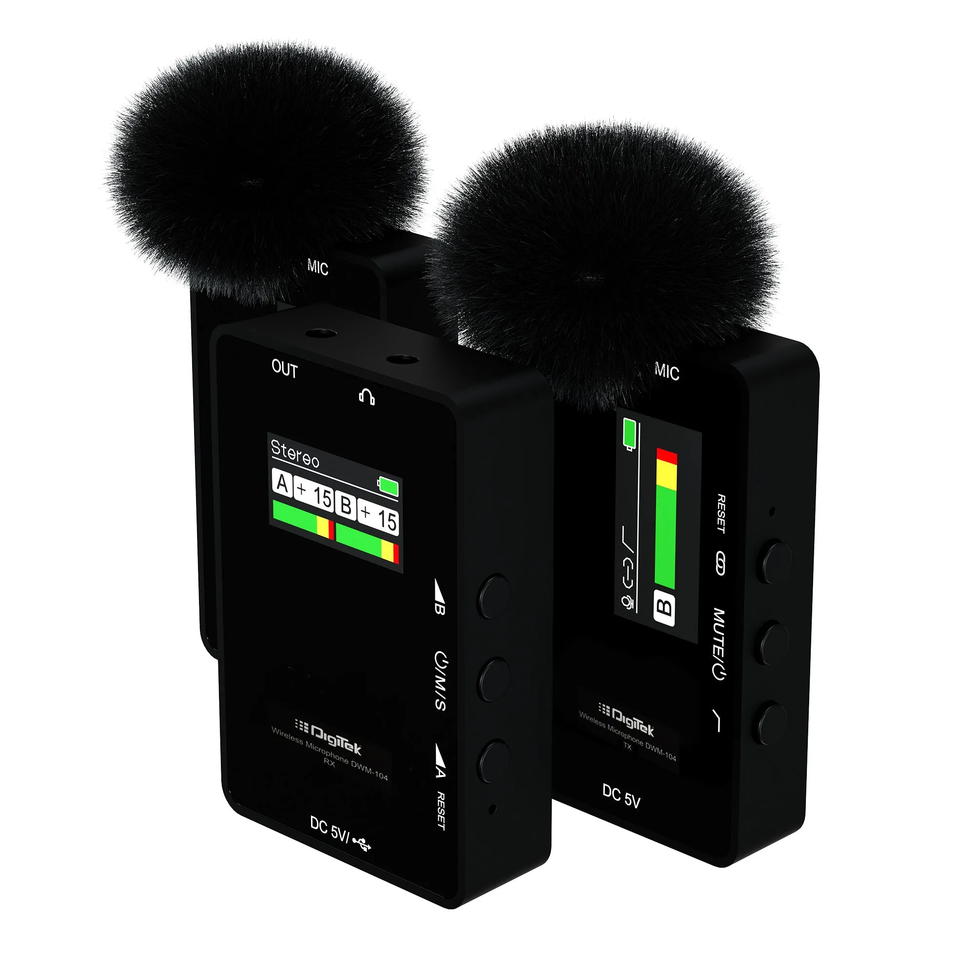 Digitek® (DWM 104) Wireless Microphone System, 2 Transmitters 1 Receiver with TFT Display, 150M Range, 10Hrs RX/TX Runtime, Noise Cancellation, Low Cut Function, Mono/Stereo Output, 3.5mm Interface