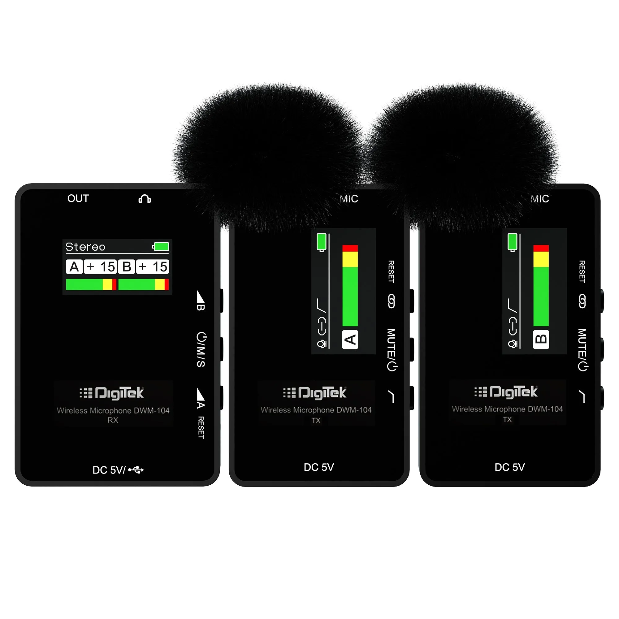Digitek® (DWM 104) Wireless Microphone System, 2 Transmitters 1 Receiver with TFT Display, 150M Range, 10Hrs RX/TX Runtime, Noise Cancellation, Low Cut Function, Mono/Stereo Output, 3.5mm Interface