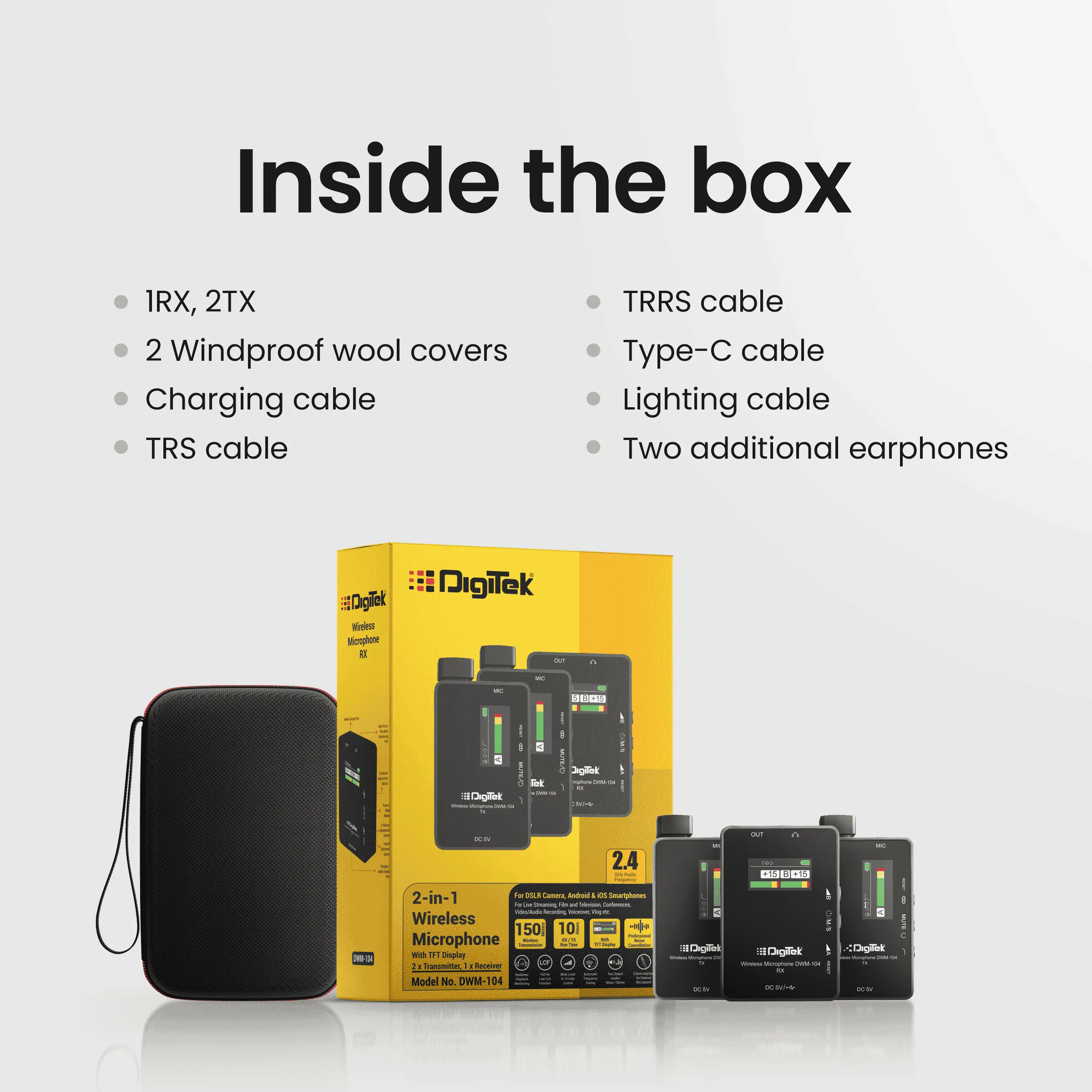 Digitek® (DWM 104) Wireless Microphone System, 2 Transmitters 1 Receiver with TFT Display, 150M Range, 10Hrs RX/TX Runtime, Noise Cancellation, Low Cut Function, Mono/Stereo Output, 3.5mm Interface
