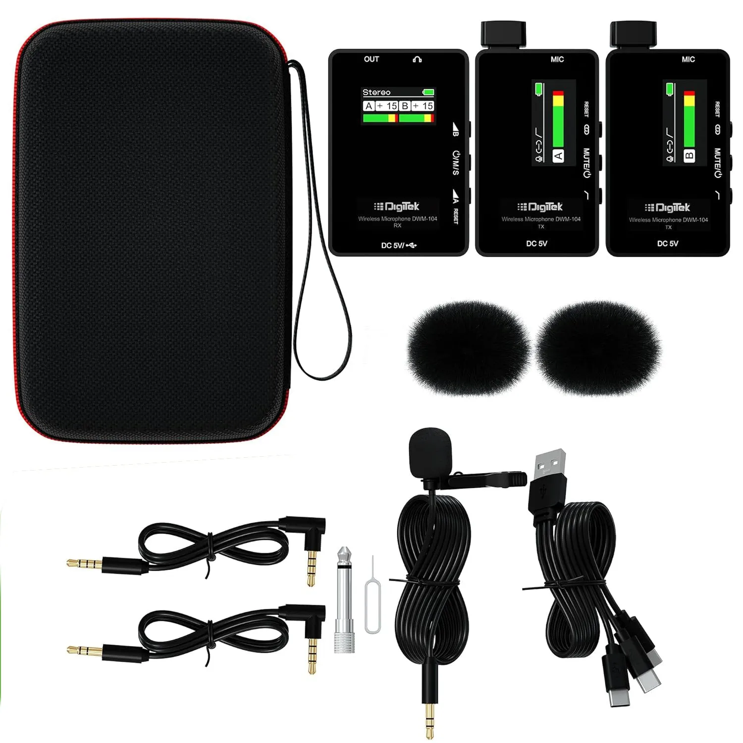 Digitek® (DWM 104) Wireless Microphone System, 2 Transmitters 1 Receiver with TFT Display, 150M Range, 10Hrs RX/TX Runtime, Noise Cancellation, Low Cut Function, Mono/Stereo Output, 3.5mm Interface