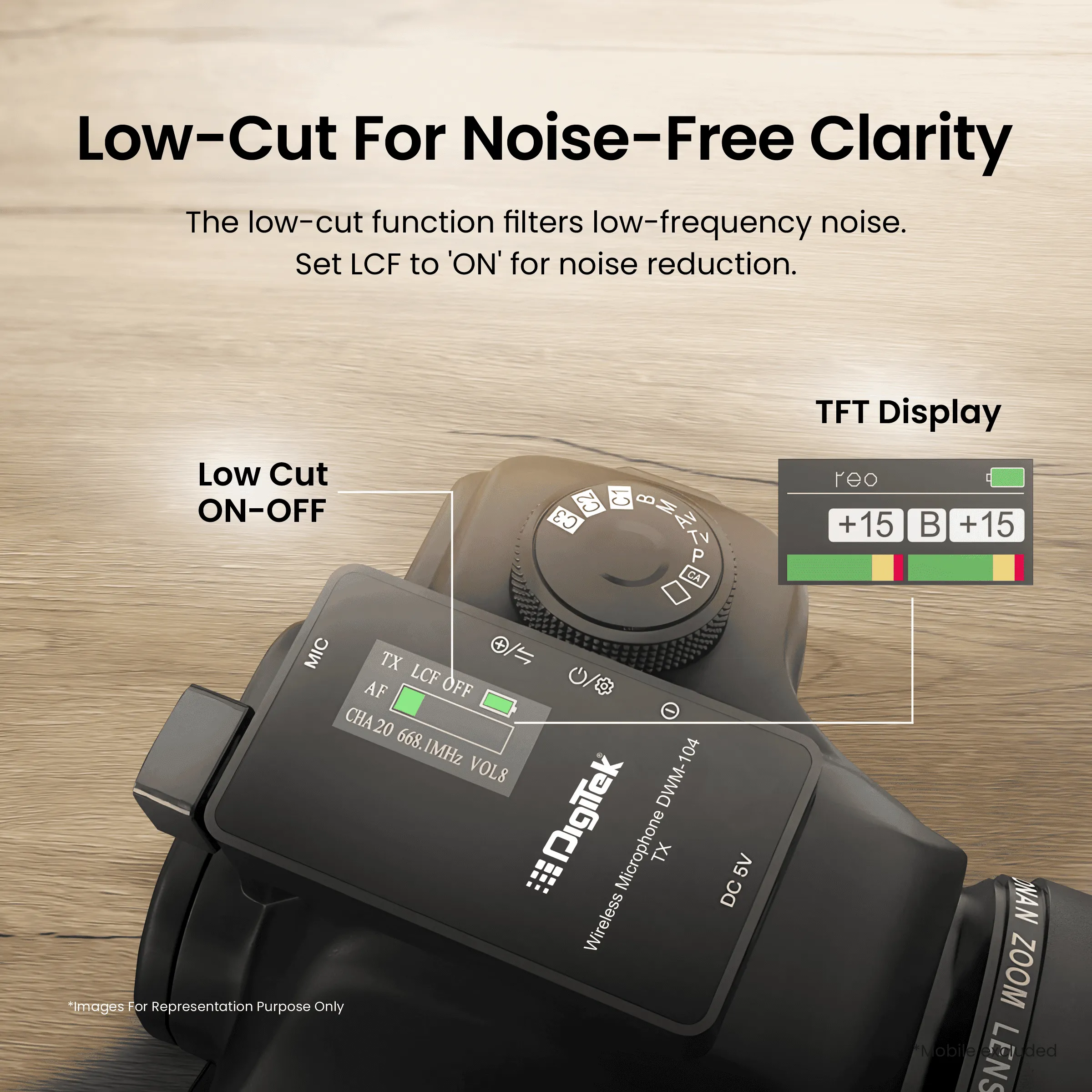 Digitek® (DWM 104) Wireless Microphone System, 2 Transmitters 1 Receiver with TFT Display, 150M Range, 10Hrs RX/TX Runtime, Noise Cancellation, Low Cut Function, Mono/Stereo Output, 3.5mm Interface