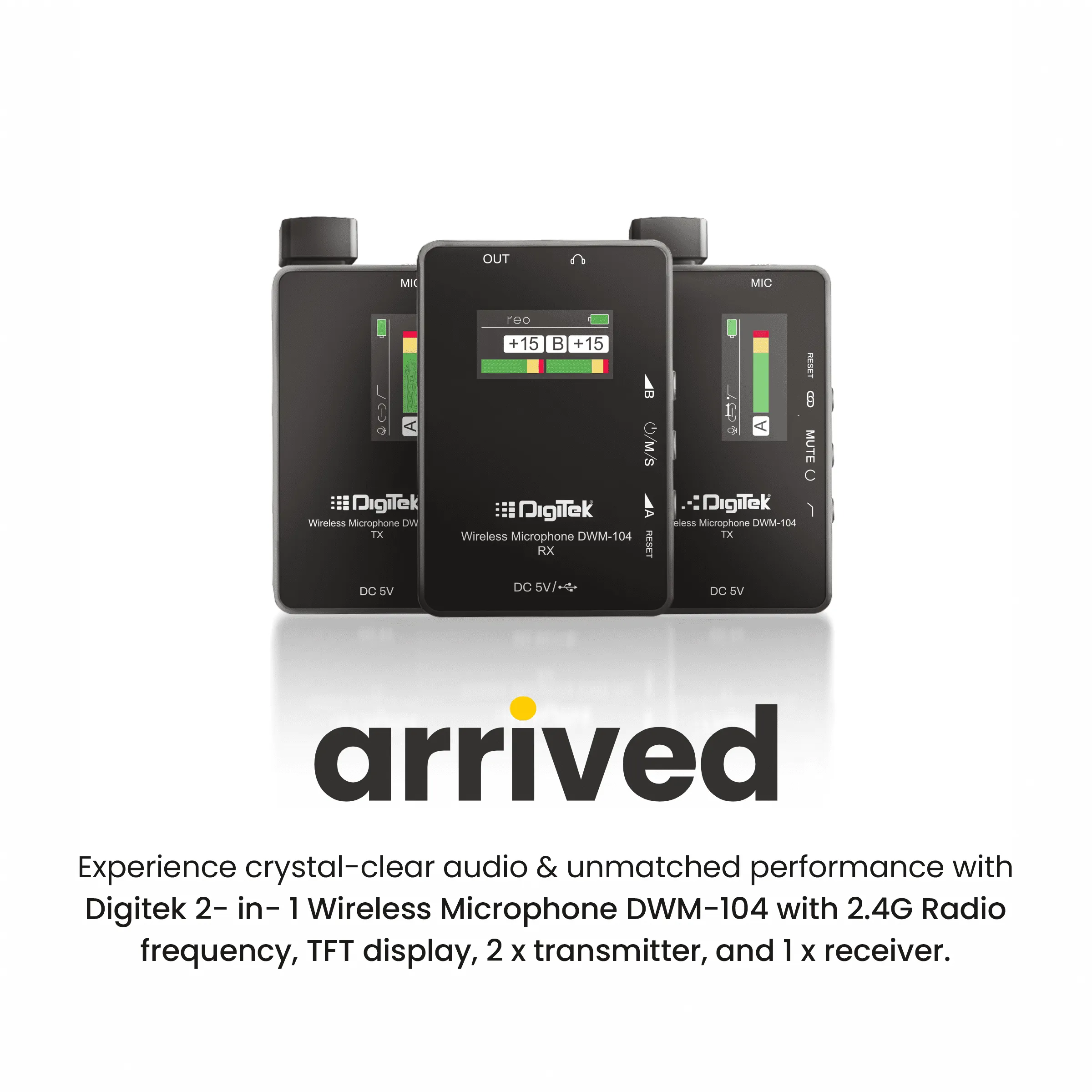 Digitek® (DWM 104) Wireless Microphone System, 2 Transmitters 1 Receiver with TFT Display, 150M Range, 10Hrs RX/TX Runtime, Noise Cancellation, Low Cut Function, Mono/Stereo Output, 3.5mm Interface