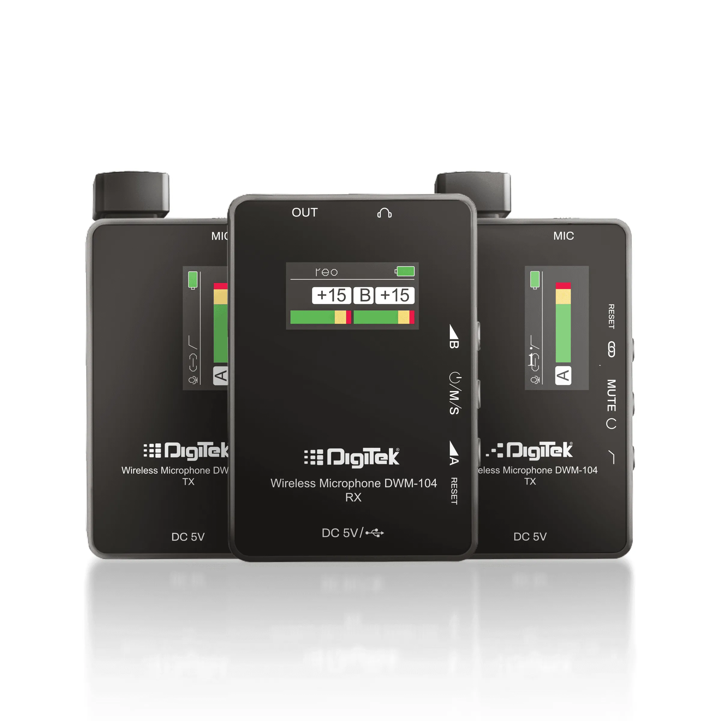 Digitek® (DWM 104) Wireless Microphone System, 2 Transmitters 1 Receiver with TFT Display, 150M Range, 10Hrs RX/TX Runtime, Noise Cancellation, Low Cut Function, Mono/Stereo Output, 3.5mm Interface