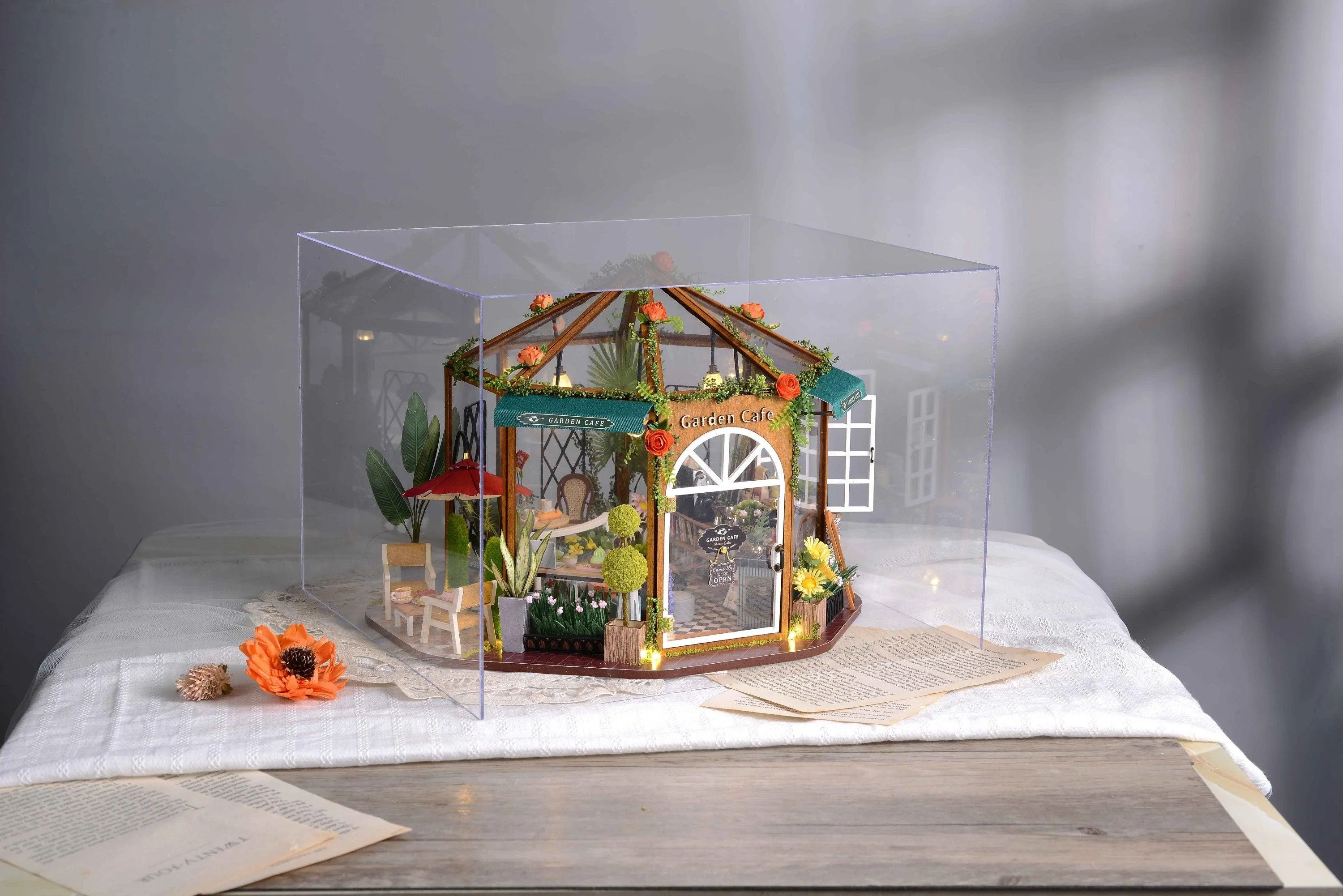 DIY Dollhouse Kit Garden Cafe Miniature Plant Studio Coffee Shop Miniature House Kit with Free Dust Cover Adult Craft DIY Kits