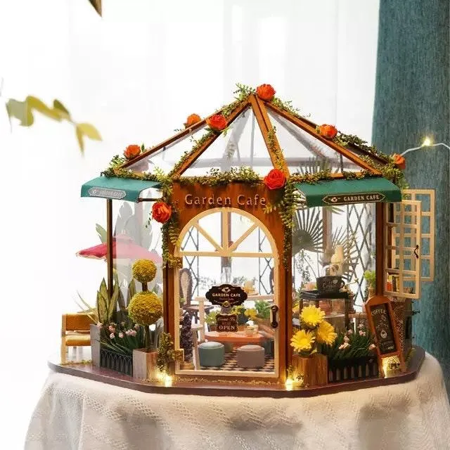 DIY Dollhouse Kit Garden Cafe Miniature Plant Studio Coffee Shop Miniature House Kit with Free Dust Cover Adult Craft DIY Kits