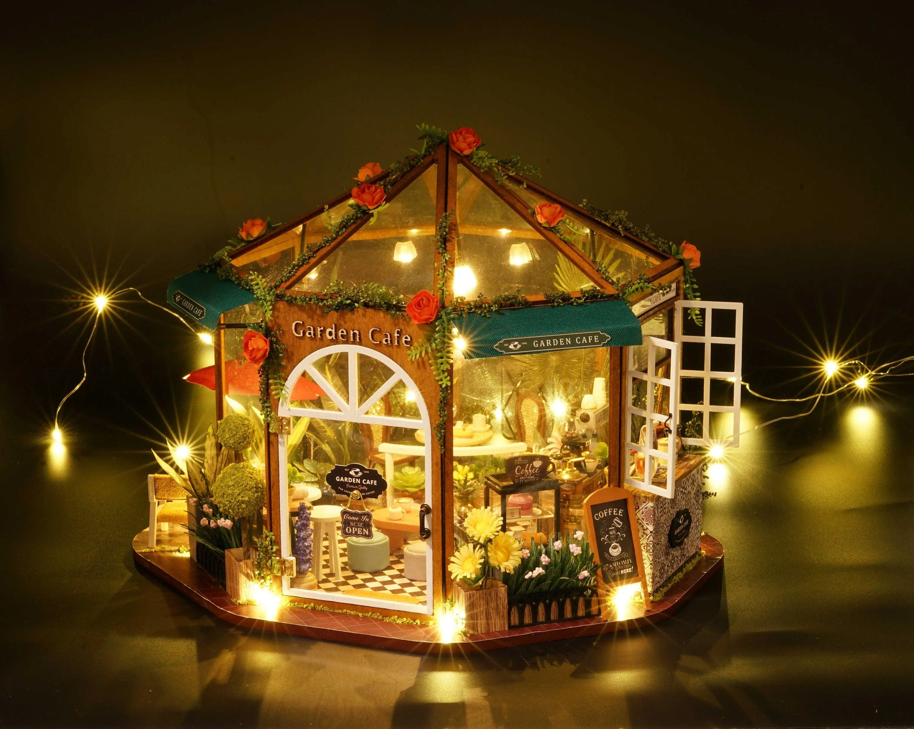 DIY Dollhouse Kit Garden Cafe Miniature Plant Studio Coffee Shop Miniature House Kit with Free Dust Cover Adult Craft DIY Kits