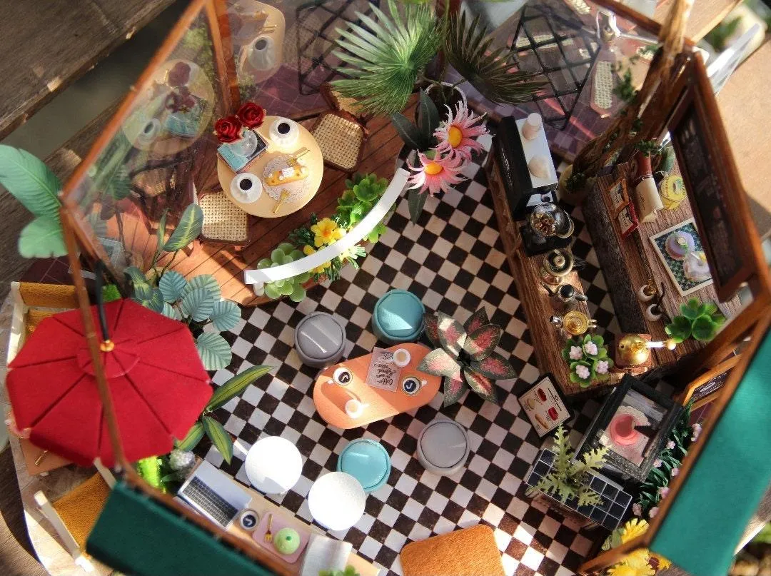 DIY Dollhouse Kit Garden Cafe Miniature Plant Studio Coffee Shop Miniature House Kit with Free Dust Cover Adult Craft DIY Kits