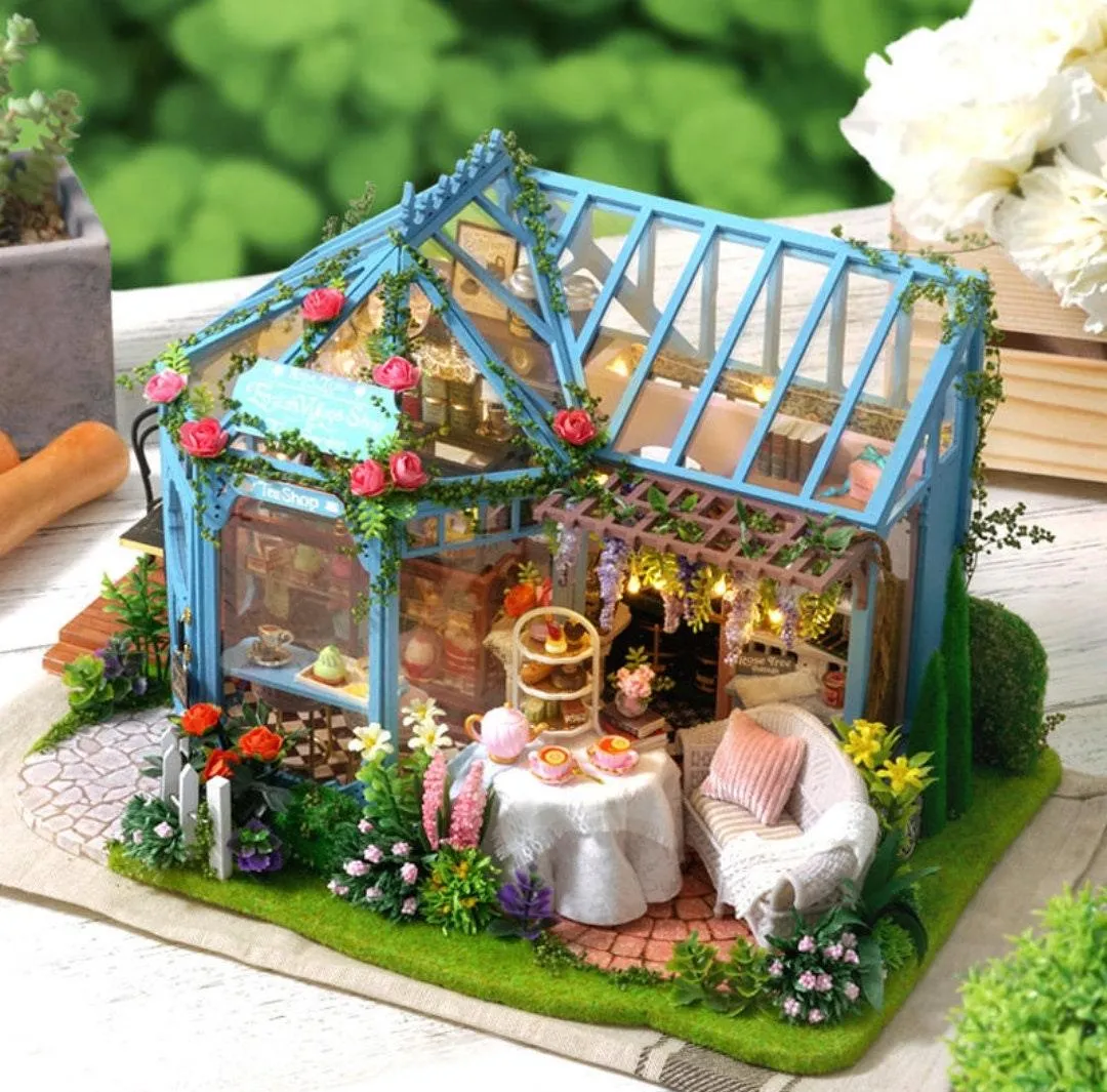 DIY Dollhouse Kit Roze Garden Green Tea Cafe Miniature Plant Studio Coffee Shop Miniature Kit with Free Dust Cover Adult Craft DIY Kits