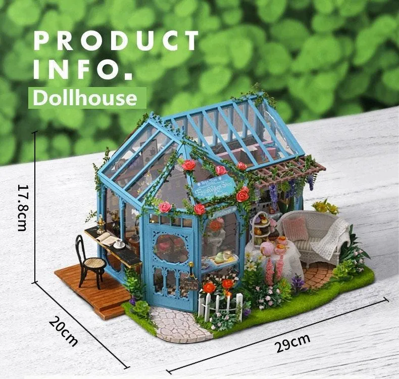 DIY Dollhouse Kit Roze Garden Green Tea Cafe Miniature Plant Studio Coffee Shop Miniature Kit with Free Dust Cover Adult Craft DIY Kits