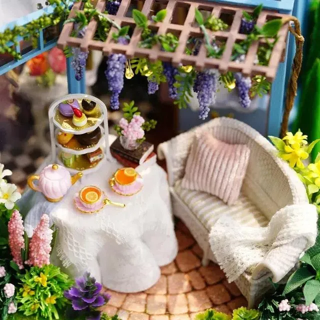 DIY Dollhouse Kit Roze Garden Green Tea Cafe Miniature Plant Studio Coffee Shop Miniature Kit with Free Dust Cover Adult Craft DIY Kits
