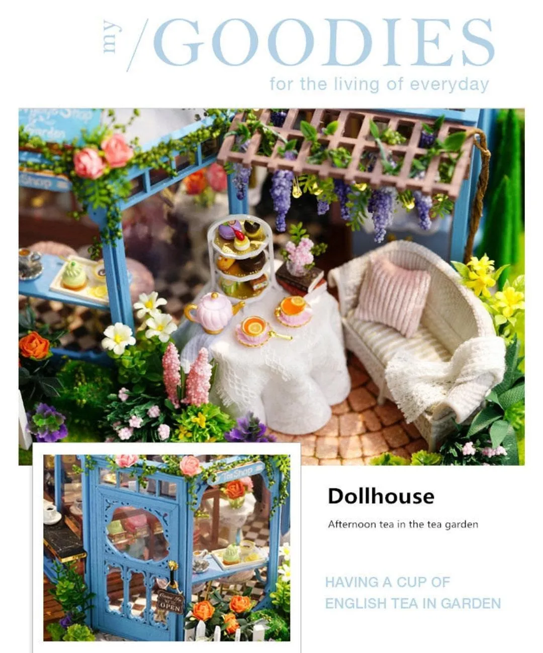 DIY Dollhouse Kit Roze Garden Green Tea Cafe Miniature Plant Studio Coffee Shop Miniature Kit with Free Dust Cover Adult Craft DIY Kits