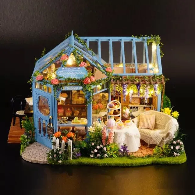 DIY Dollhouse Kit Roze Garden Green Tea Cafe Miniature Plant Studio Coffee Shop Miniature Kit with Free Dust Cover Adult Craft DIY Kits