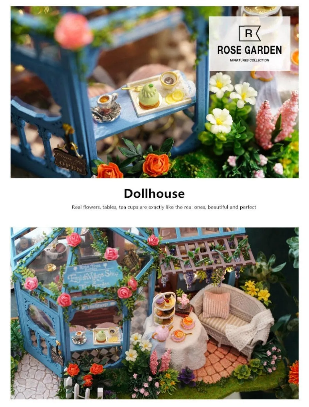 DIY Dollhouse Kit Roze Garden Green Tea Cafe Miniature Plant Studio Coffee Shop Miniature Kit with Free Dust Cover Adult Craft DIY Kits