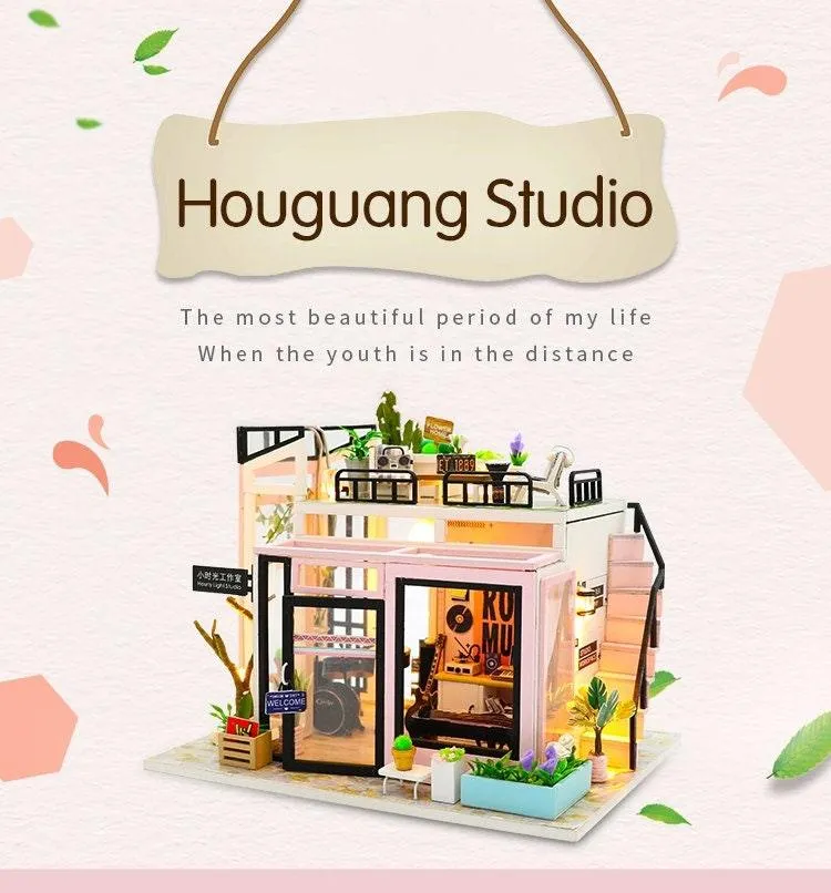 Houguang Music Studio DIY Dollhouse Kit Dollhouse Miniature With Guitar Drum Kit Adult Craft Birthday Gift Christmas Gift