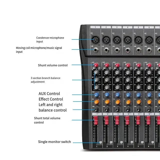 Hridz 8 Channels Audio Sound Mixer Mixing DJ Console USB with 48V Phantom Power